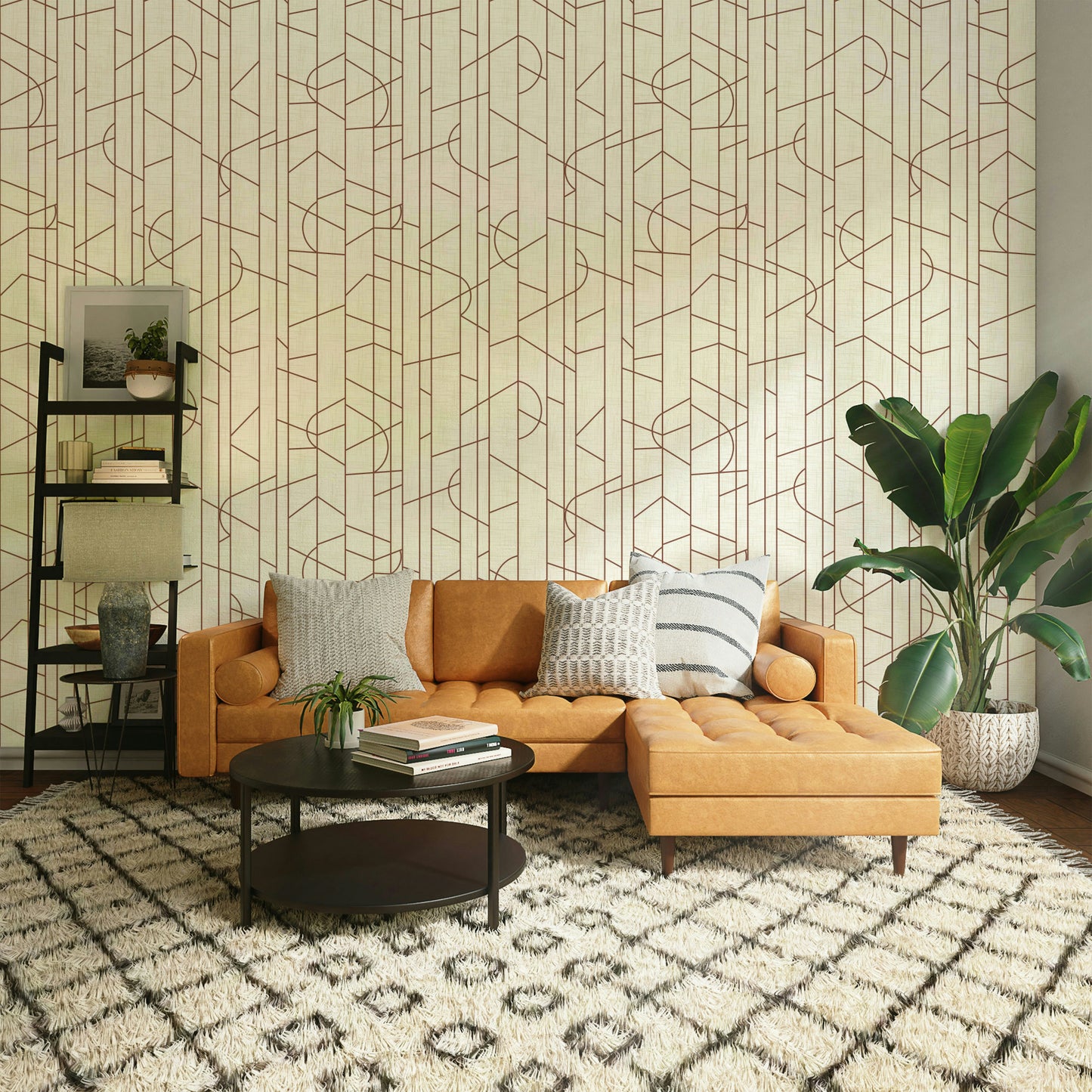 Curved line wallpaper with deep orange tones

