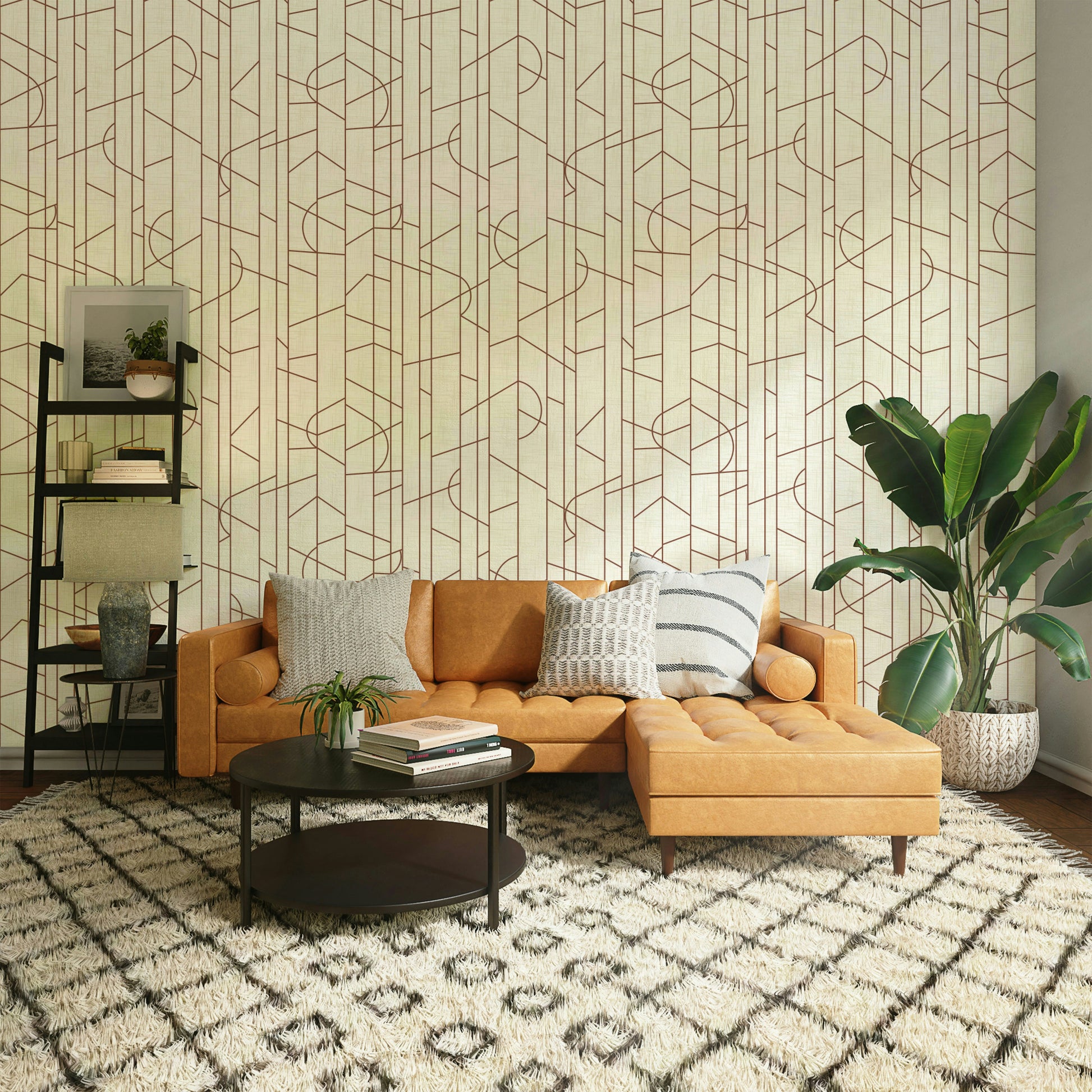 Curved line wallpaper with deep orange tones

