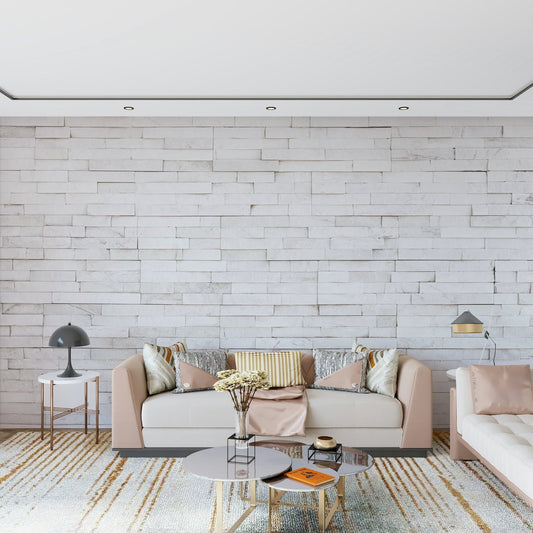 Decorative stacked stone wallpaper mural with light earthy tones for a warm, inviting ambiance.