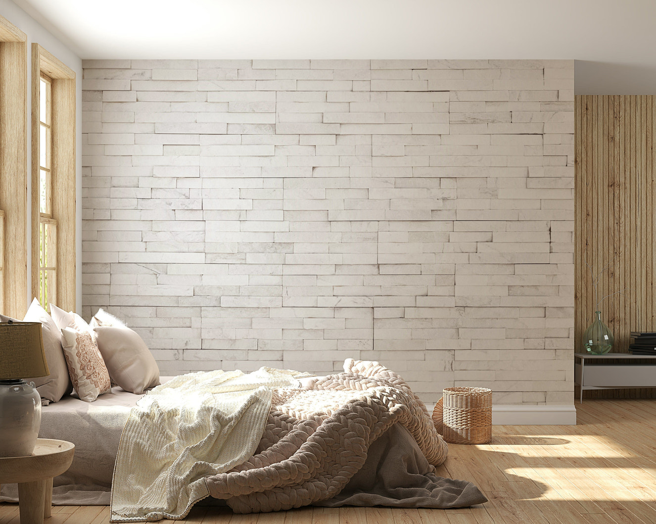 Bright Stacked Stone Wall Mural featuring layered natural stones in light neutral tones for airy interiors.