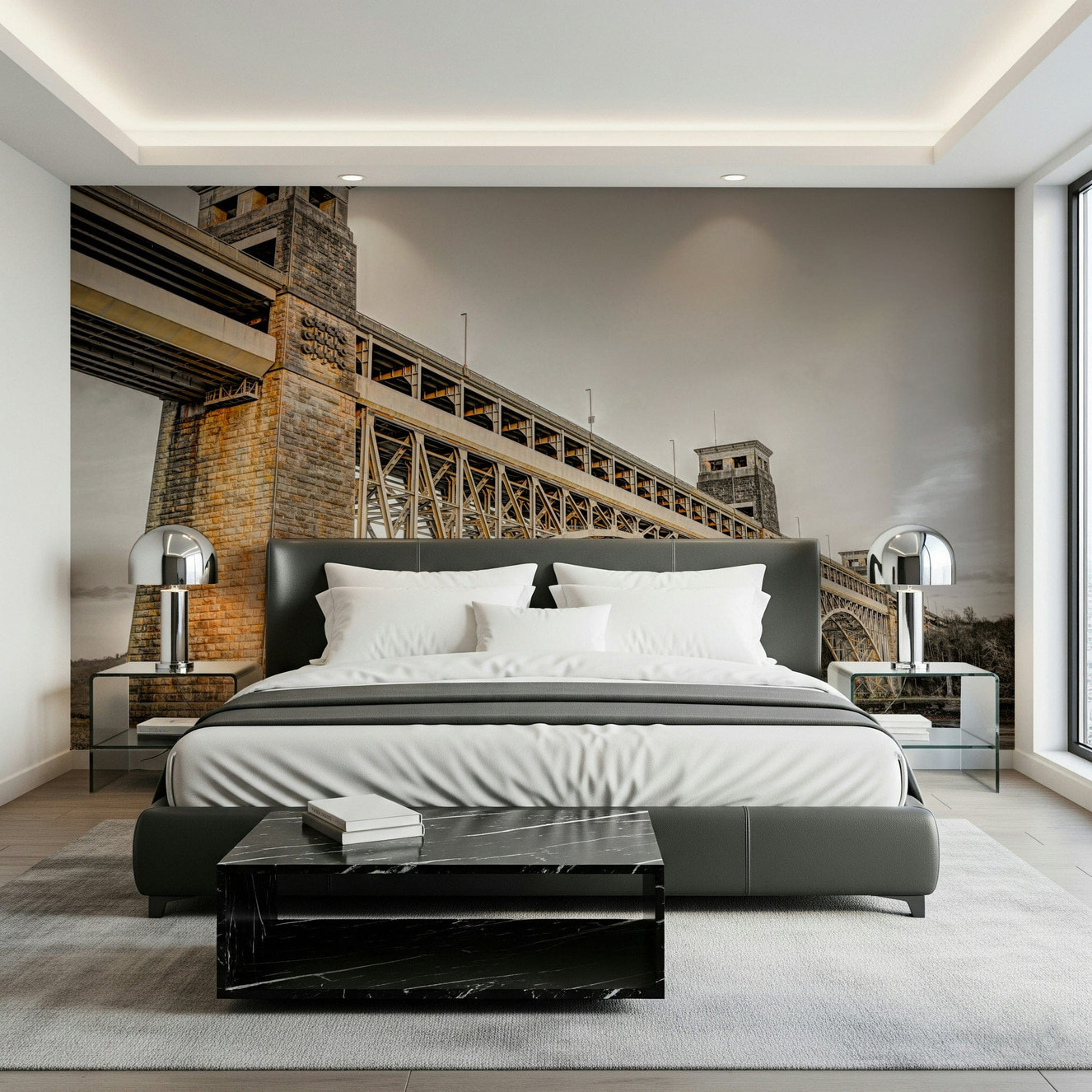 Britannia Bridge peel and stick wallpaper showing steel arches.