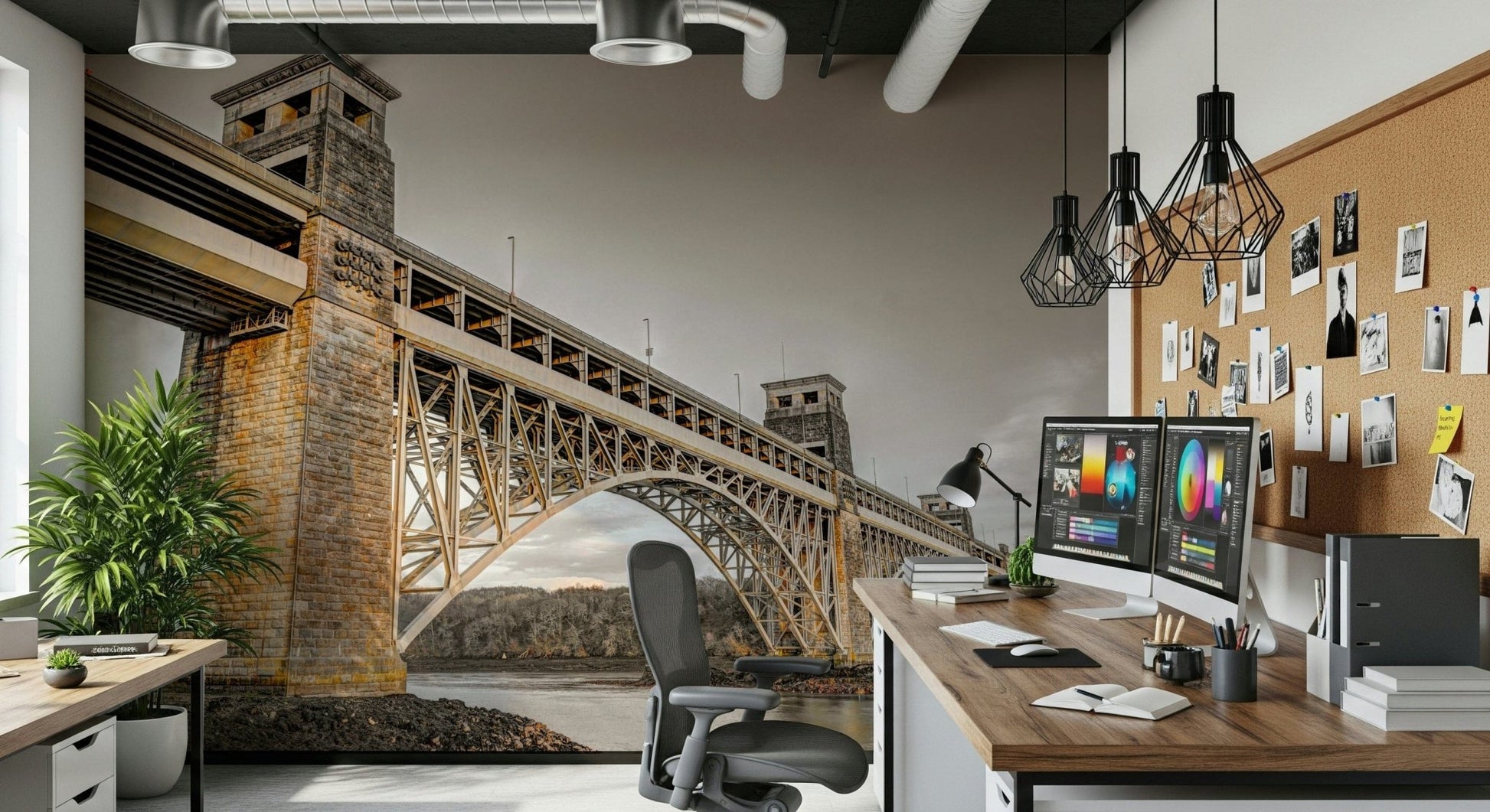 Britannia Bridge peel and stick wallpaper with sepia tones.