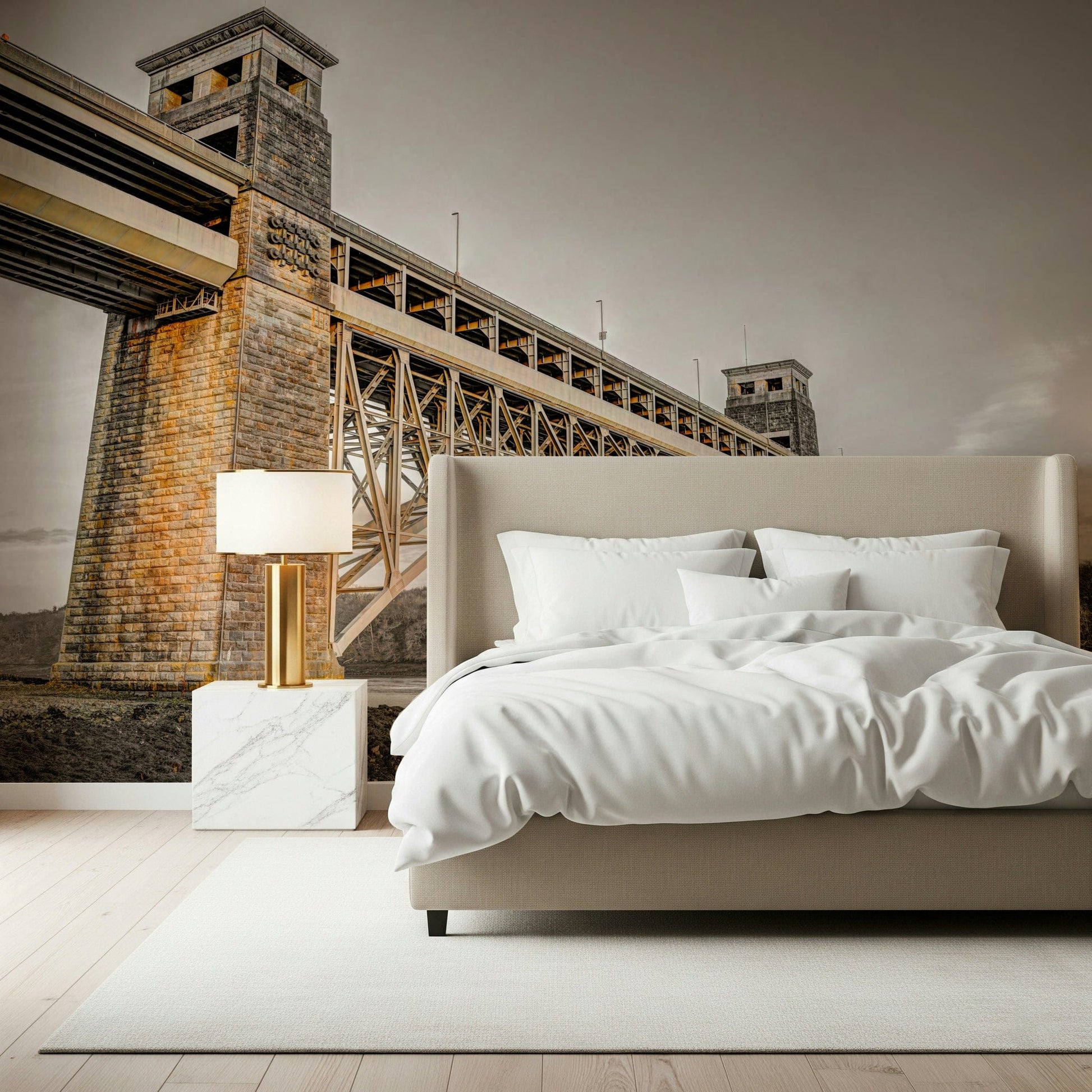 Vintage Britannia Bridge mural perfect for modern living rooms.