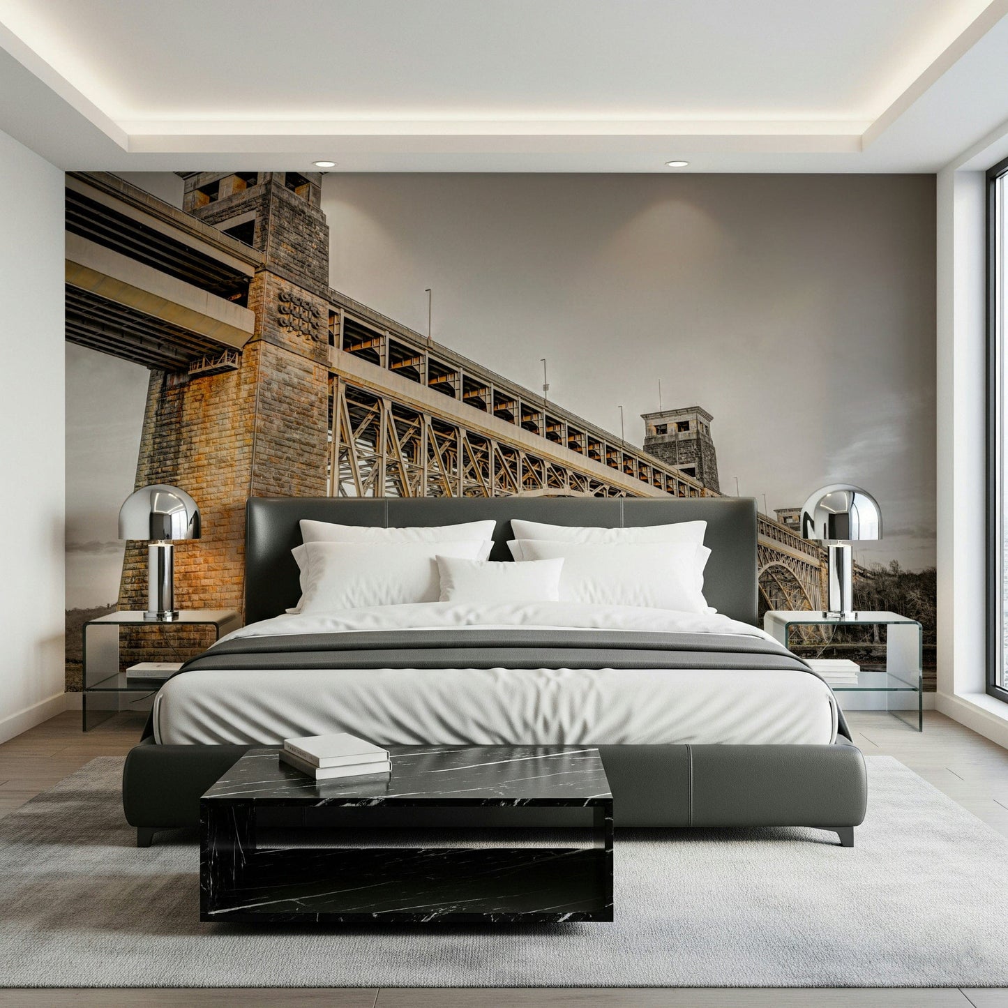 Britannia Bridge peel and stick wallpaper showing steel arches.