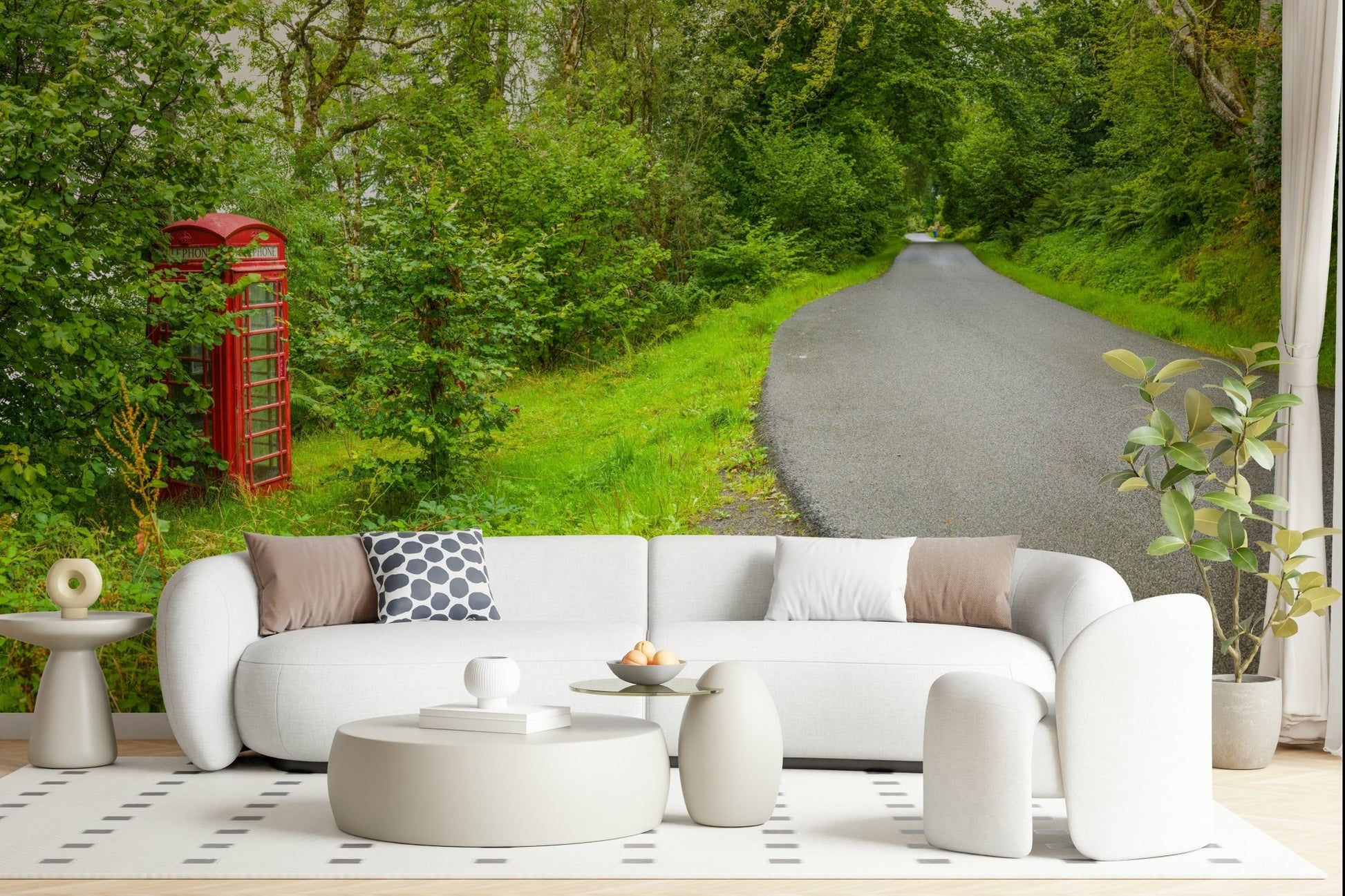 Roadside wall covering: rural path leading into woods, red box visible. British Charm art.