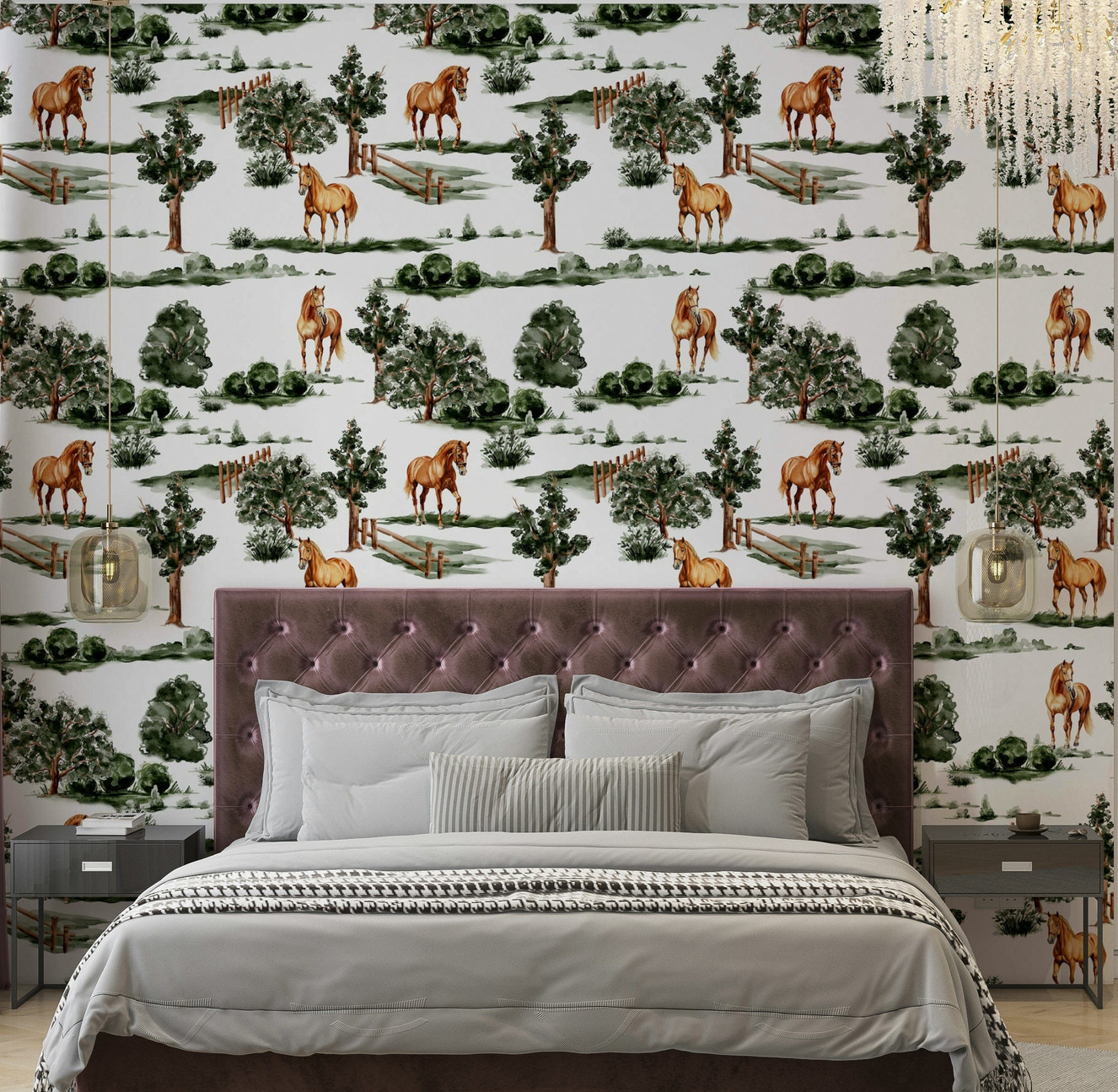 Horses grazing among trees and fences.

