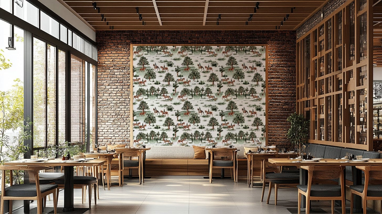 A wall covering with a scenic, country theme.

