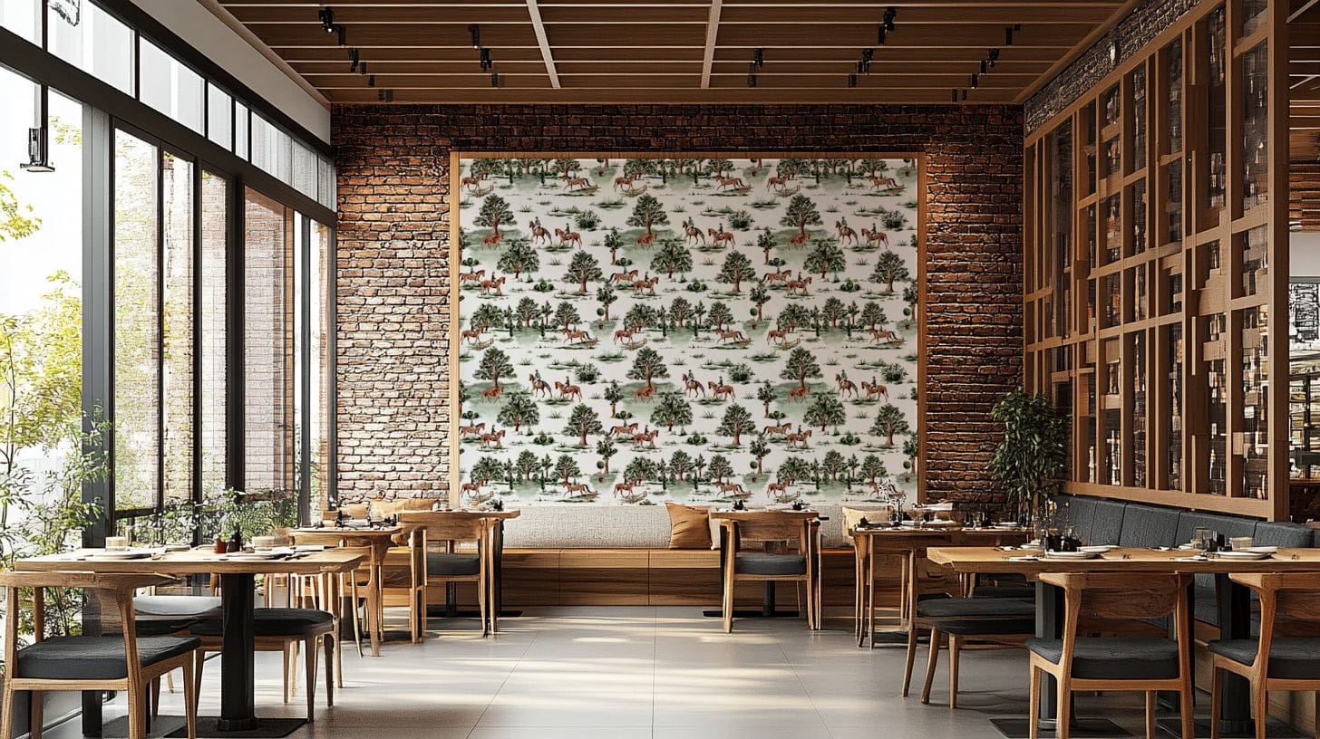 A wall covering with a scenic, country theme.

