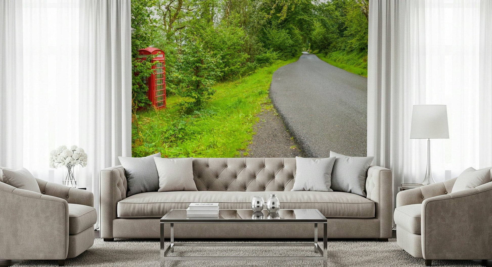 Nature wallpaper with a pop of red from a traditional telephone structure. Call Box focus.