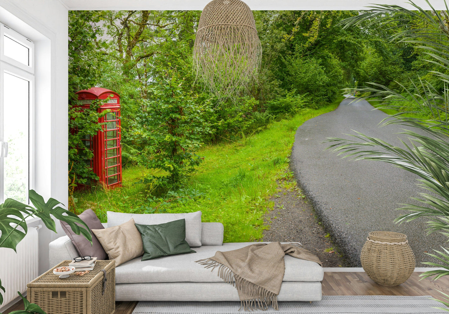 UK phone booth wallpaper for walls, surrounded by lush, vibrant greenery. Call Box Charm.
