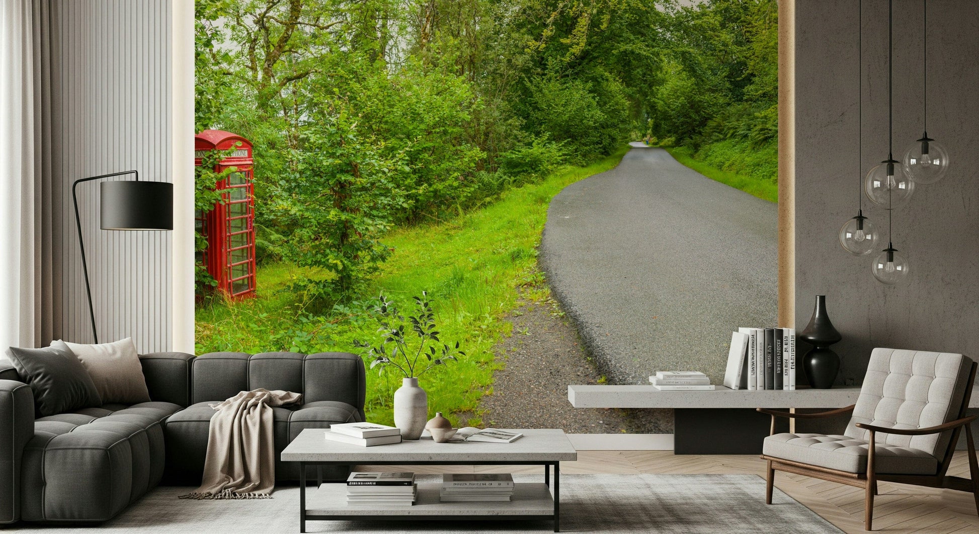 Quaint wall mural showing a vintage call box beside a scenic country lane. British Charm.