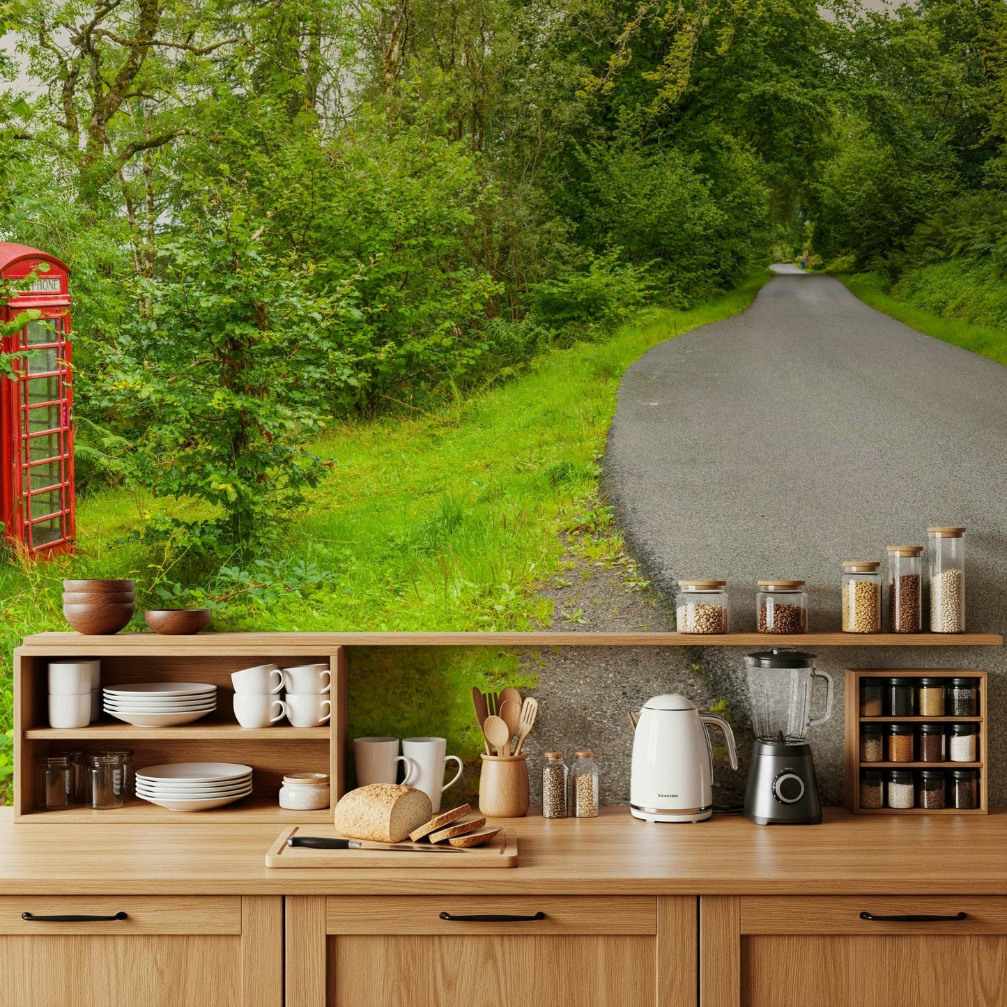British Call Box Charm wall mural: classic red telephone box near quiet road.