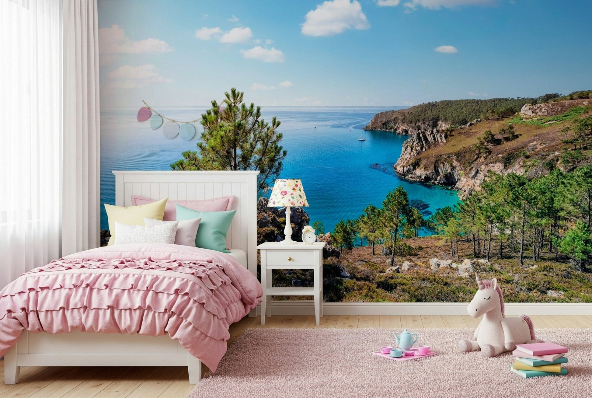 Brittany Vista Wall Mural with green color hills and distant mountain wallpaper tones