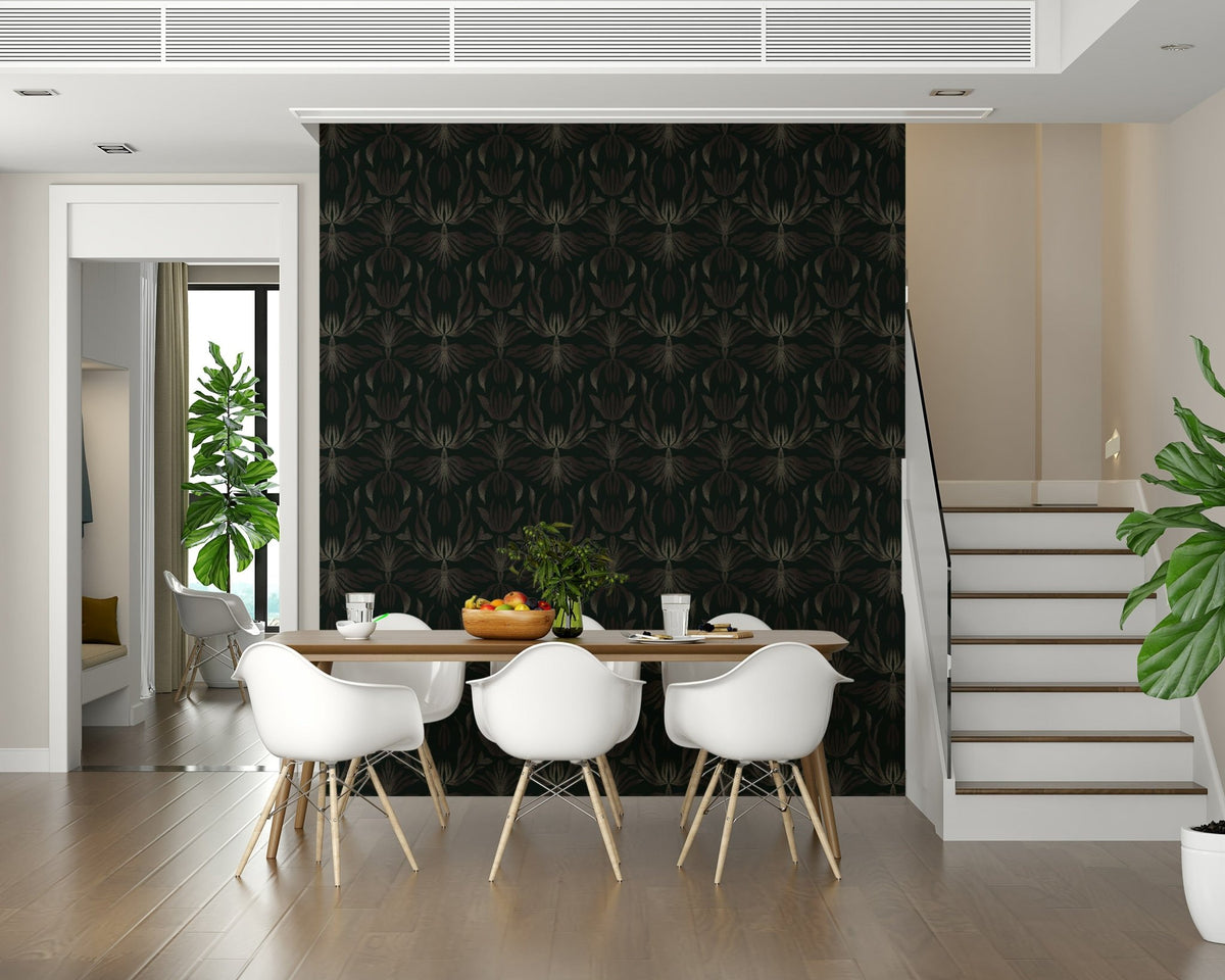 Bronze-toned flower wallpaper with intricate fantasy-inspired designs.