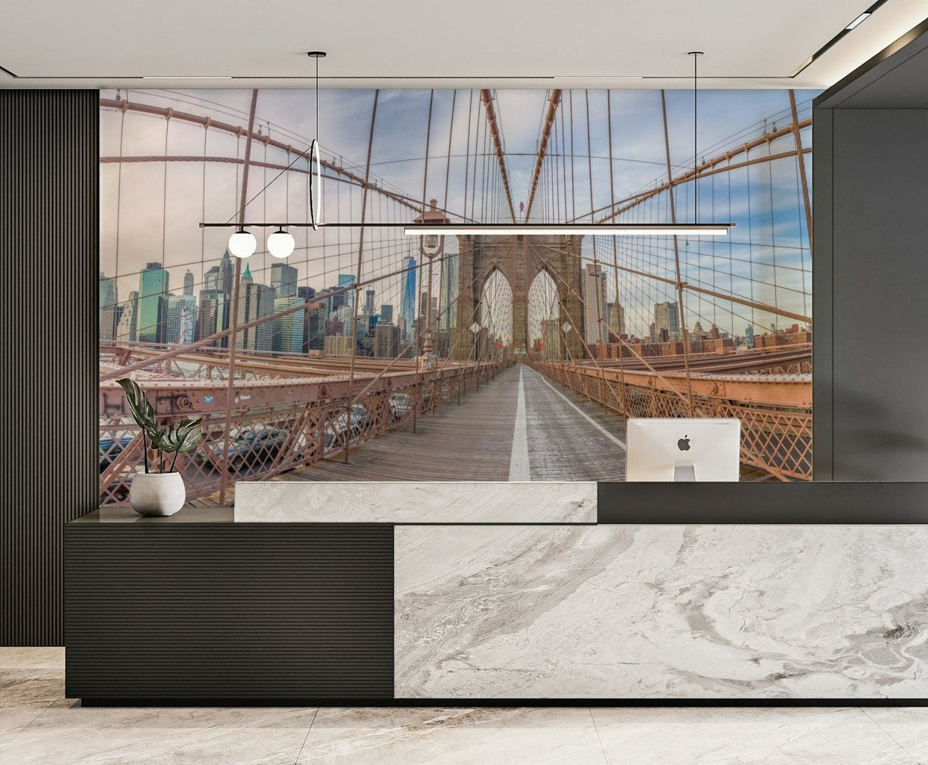 Manhattan skyline in the distance.

