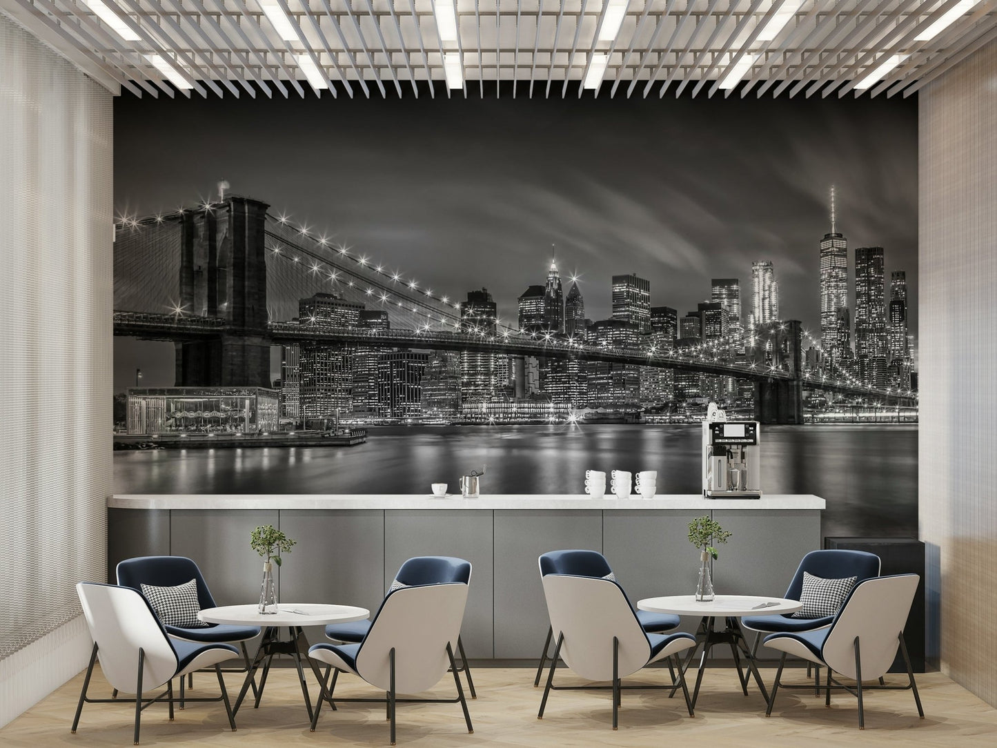 Nightly monochrome bridge scene for walls with starburst lighting

