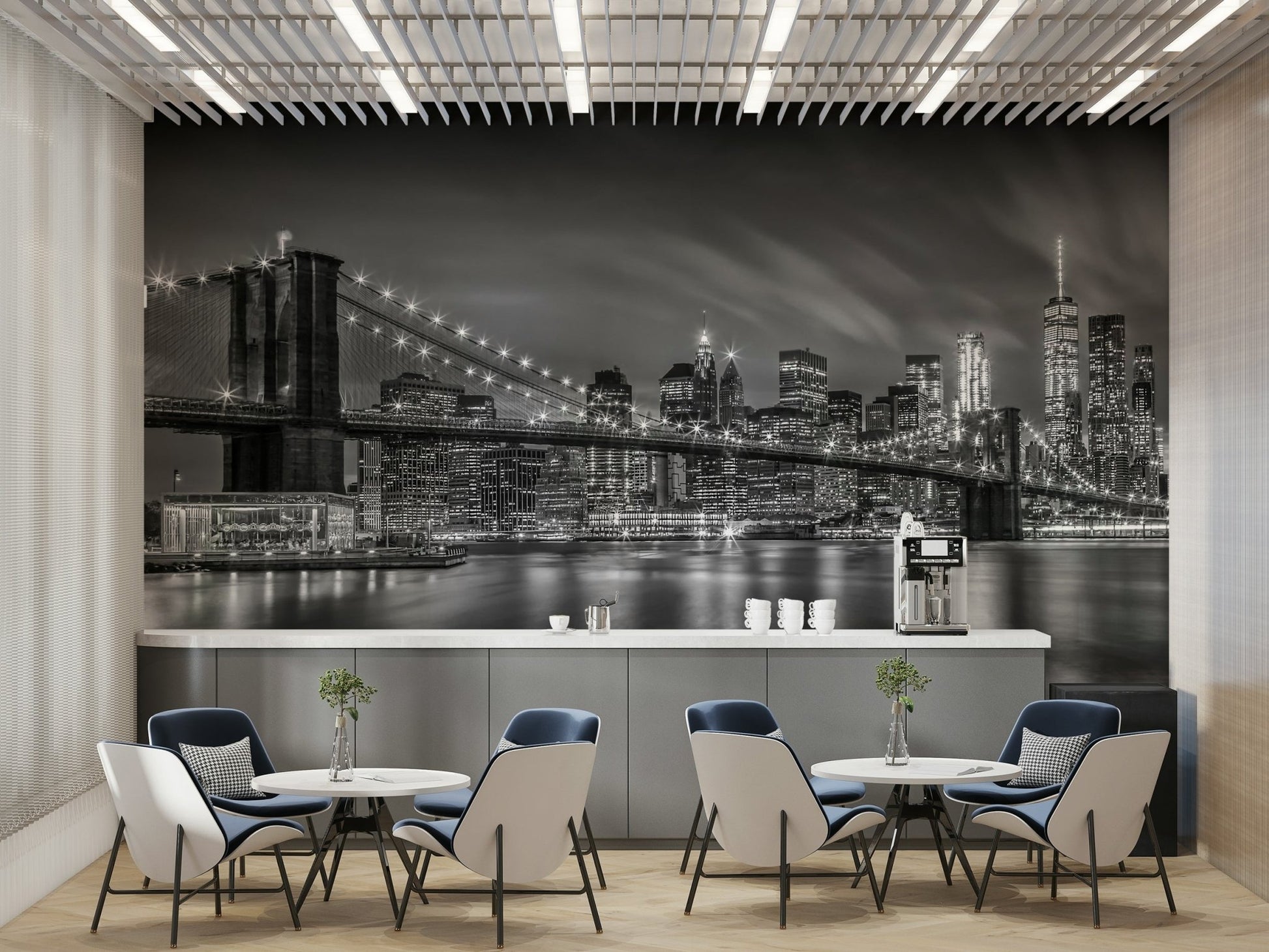Nightly monochrome bridge scene for walls with starburst lighting

