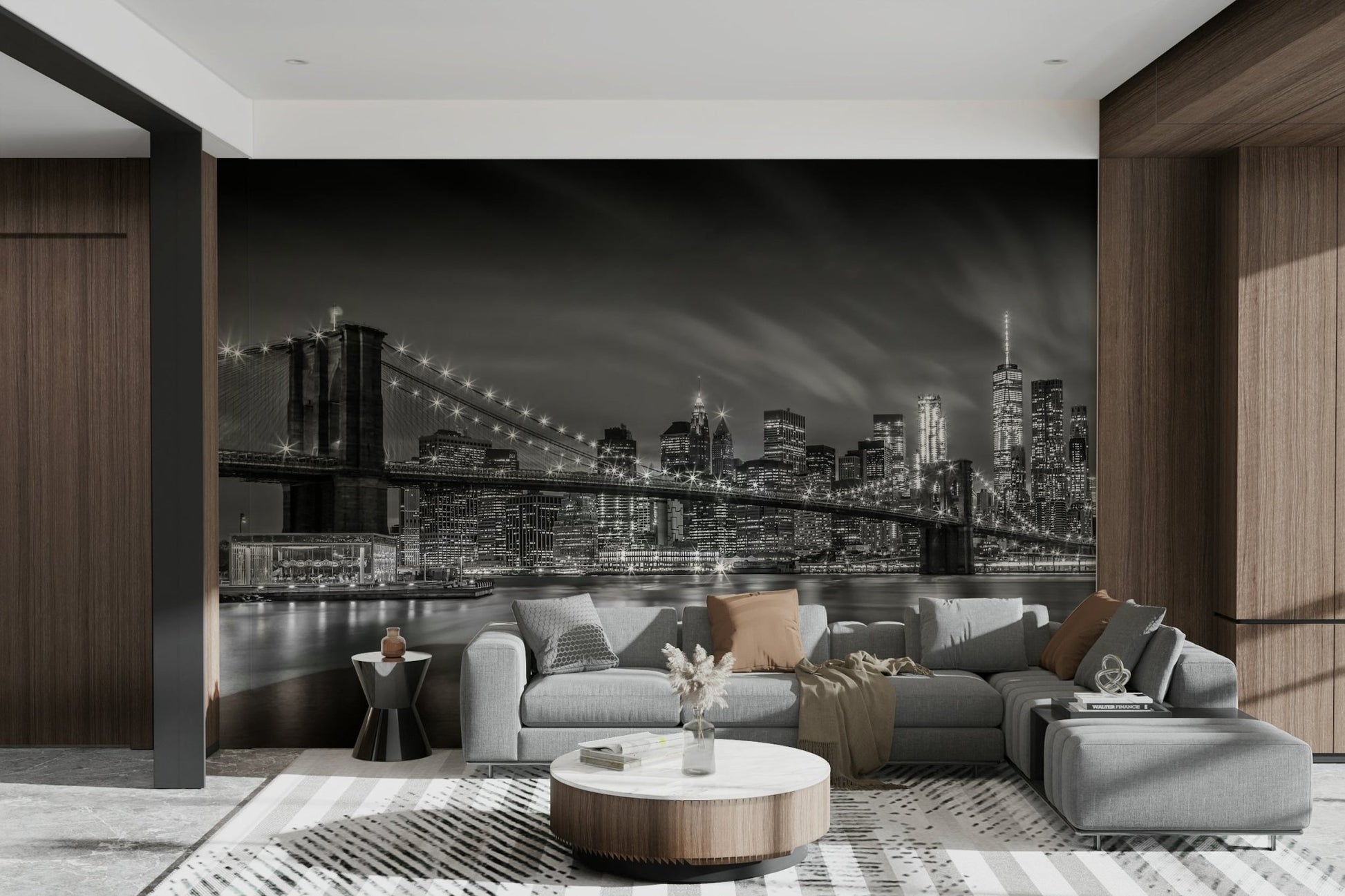 Manhattan skyline backdrop behind Brooklyn Bridge in mural

