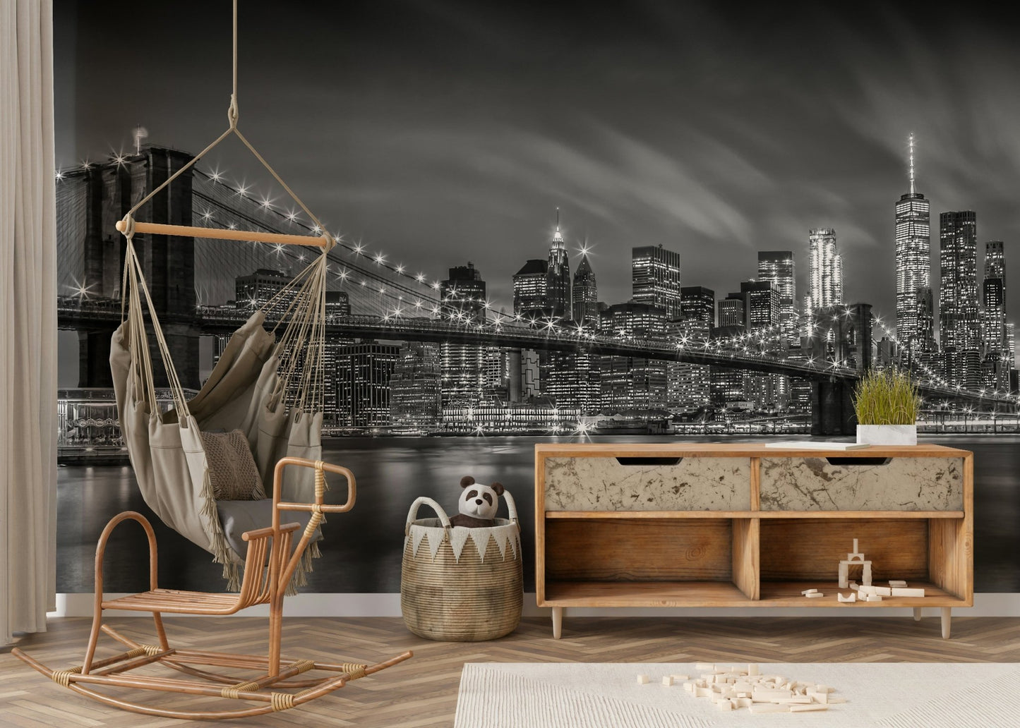 Architectural wall mural showing bridge cables and water glow

