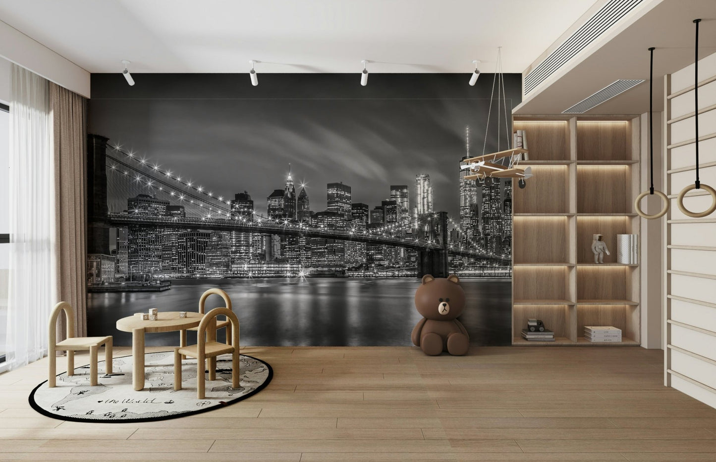 Wide panorama of the bridge and skyline in black and white

