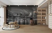 Wide panorama of the bridge and skyline in black and white

