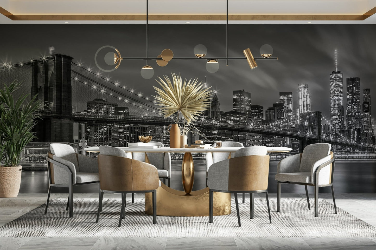 Office wall with monochrome imagery of bridge at night

