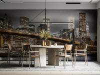 Brooklyn Bridge mural with illuminated skyscrapers

