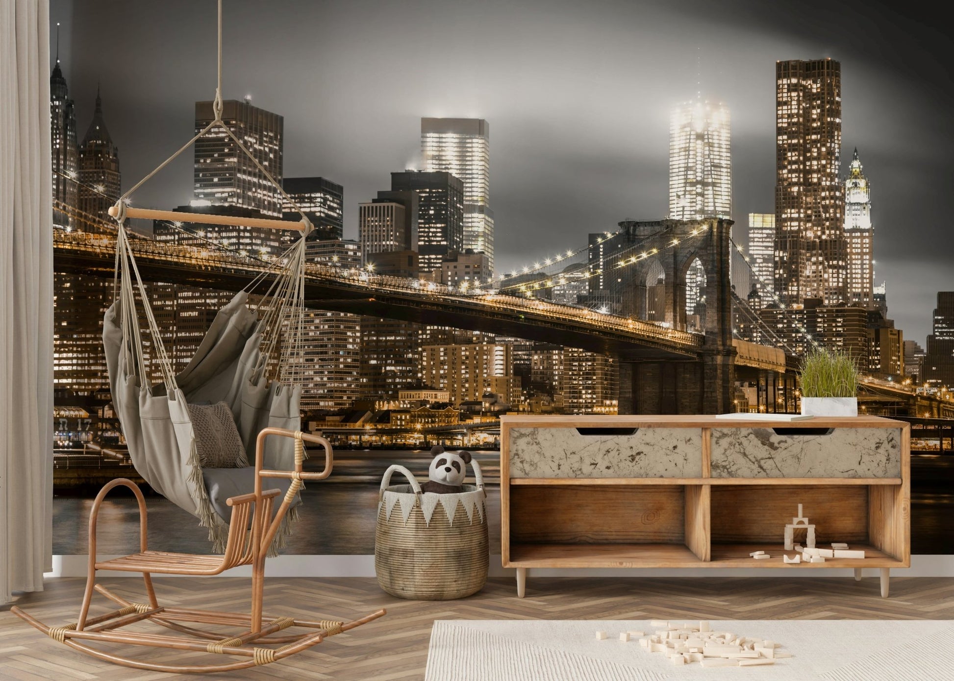 Monochrome night mural with hints of golden city lights

