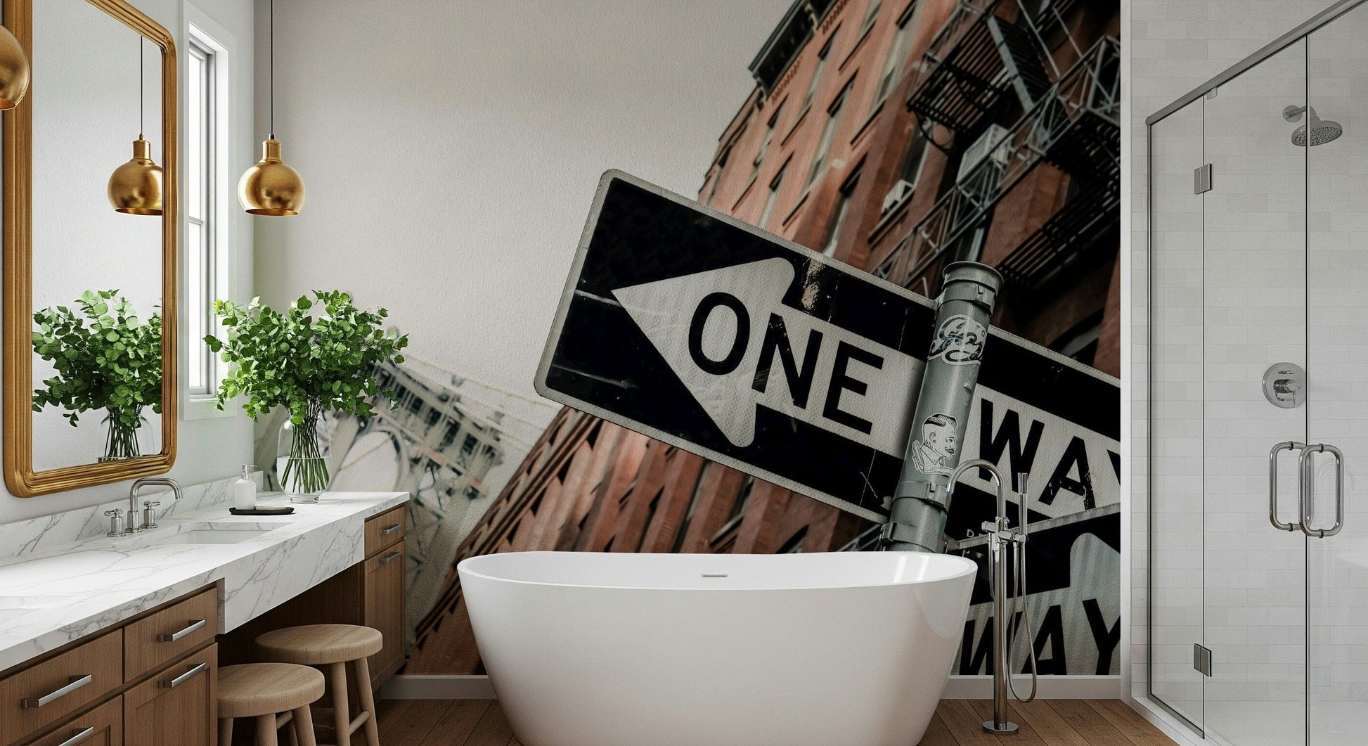 Decorative mural featuring iconic Brooklyn streets and architectural details.