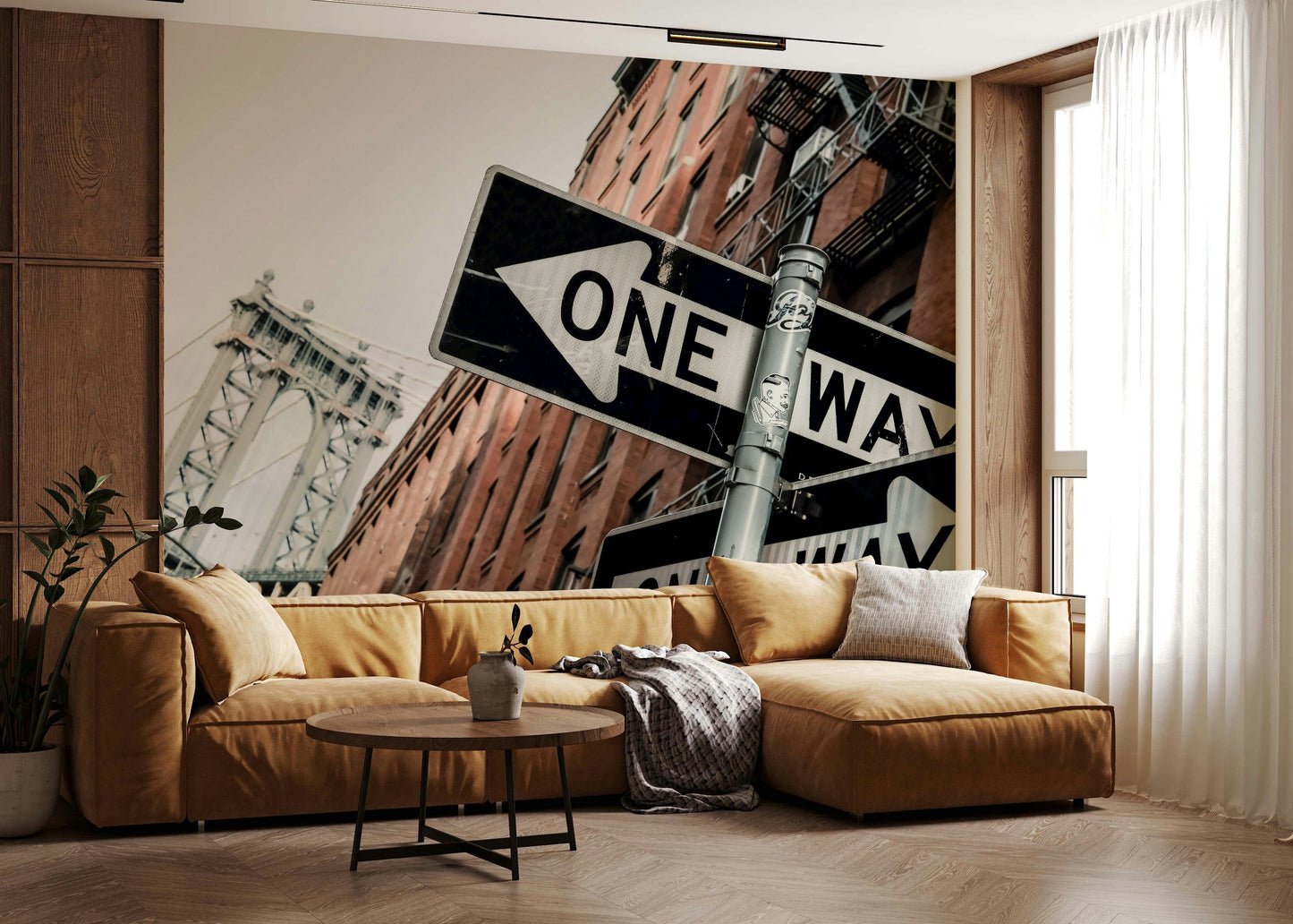 One Way, Brooklyn Wall Mural featuring an urban street scene with iconic Brooklyn architecture.