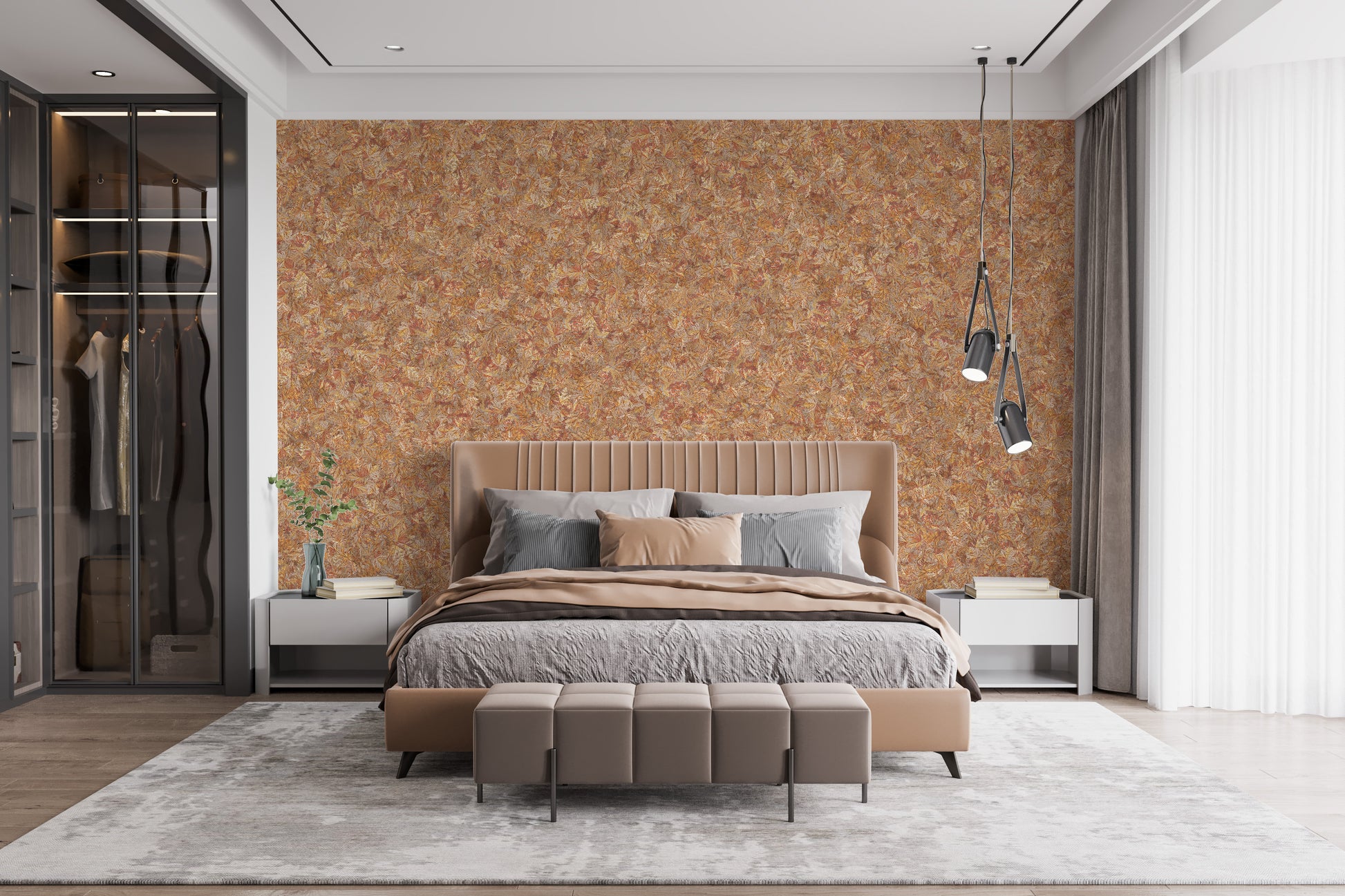 Brown Color Autumn Leaves wallpaper mural in warm orange behind a tan upholstered bed in a modern bedroom