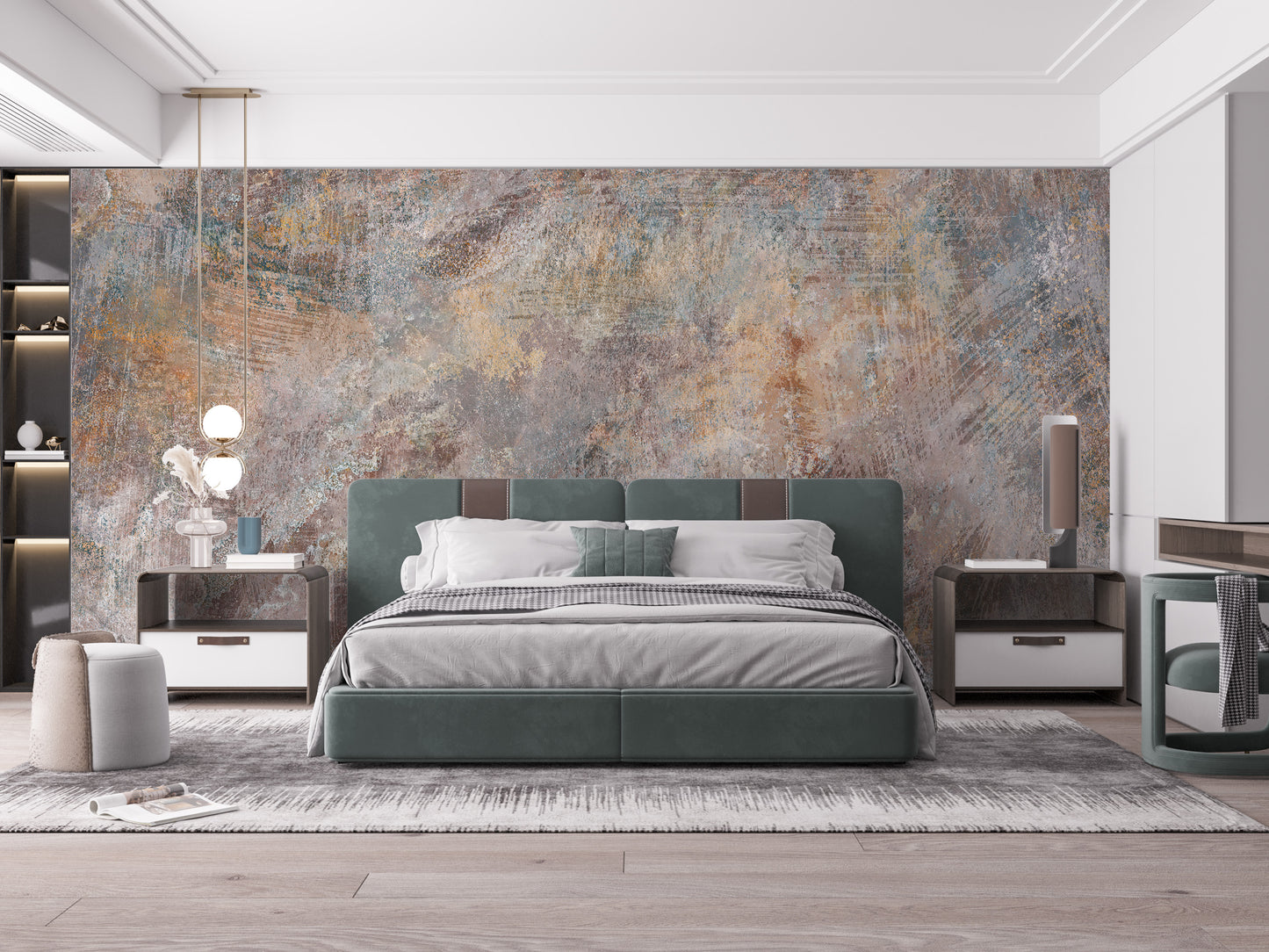Brown Concrete Stone textured wallpaper mural styled along a hallway feature wall near a console in brown tones