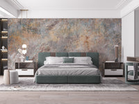 Brown Concrete Stone textured wallpaper mural styled along a hallway feature wall near a console in brown tones