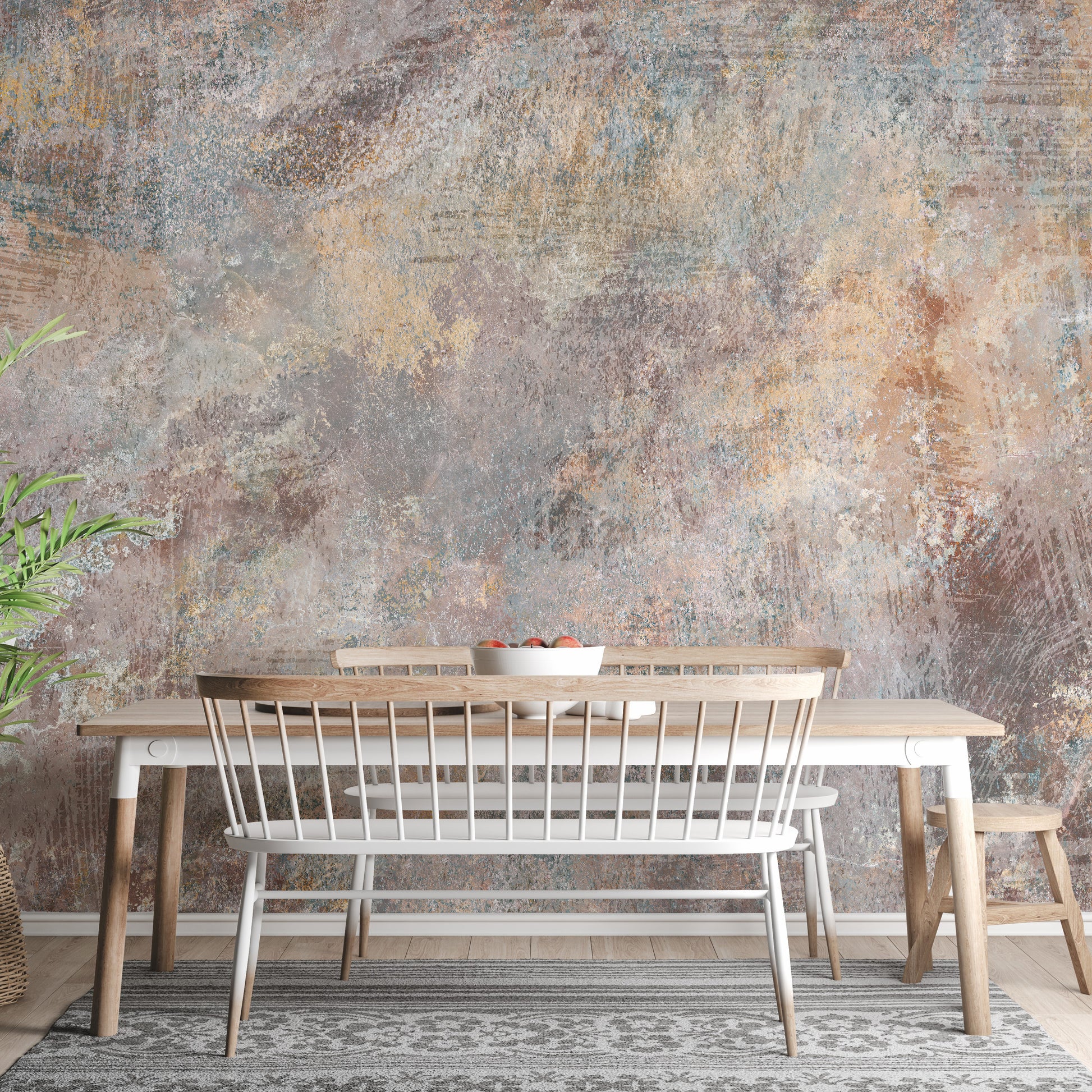 Brown Concrete Stone textured wallpaper mural as a feature wall in a home office workspace in brown tones