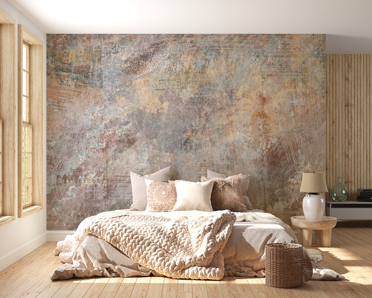 Brown Concrete Stone textured wallpaper mural styled as a feature wall behind a dining table and chairs in brown tones