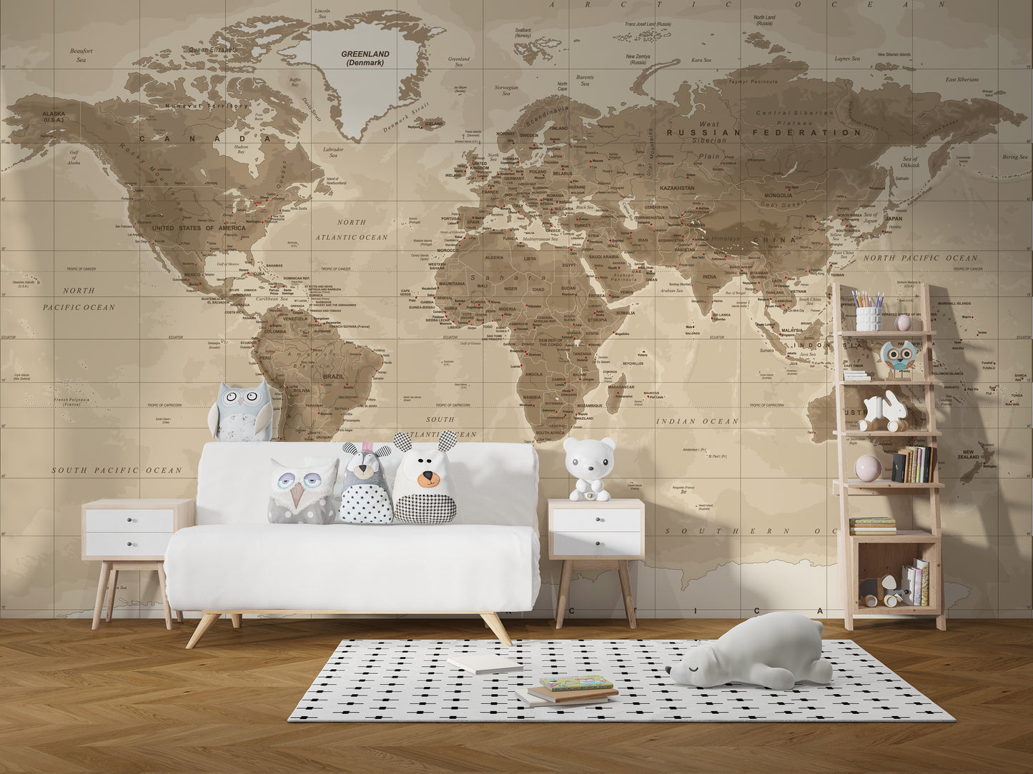 Brown Detailed Worldmap wall mural in sepia tones behind a white sofa with plush toys in a kids room
