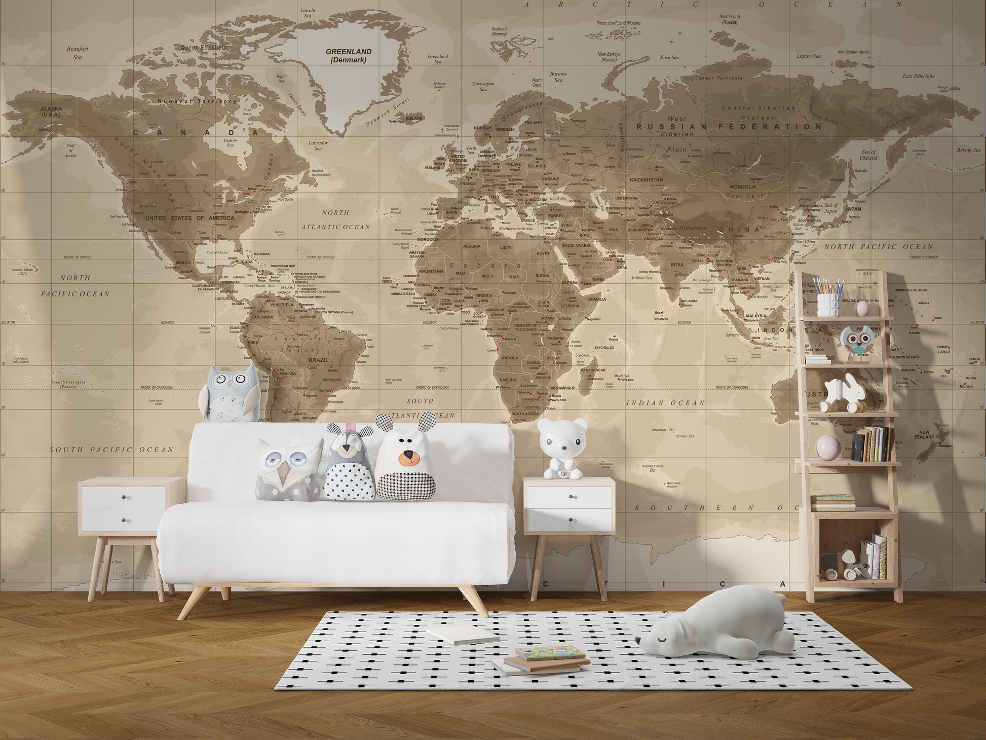 Brown Detailed Worldmap wall mural in sepia tones behind a white sofa with plush toys in a kids room
