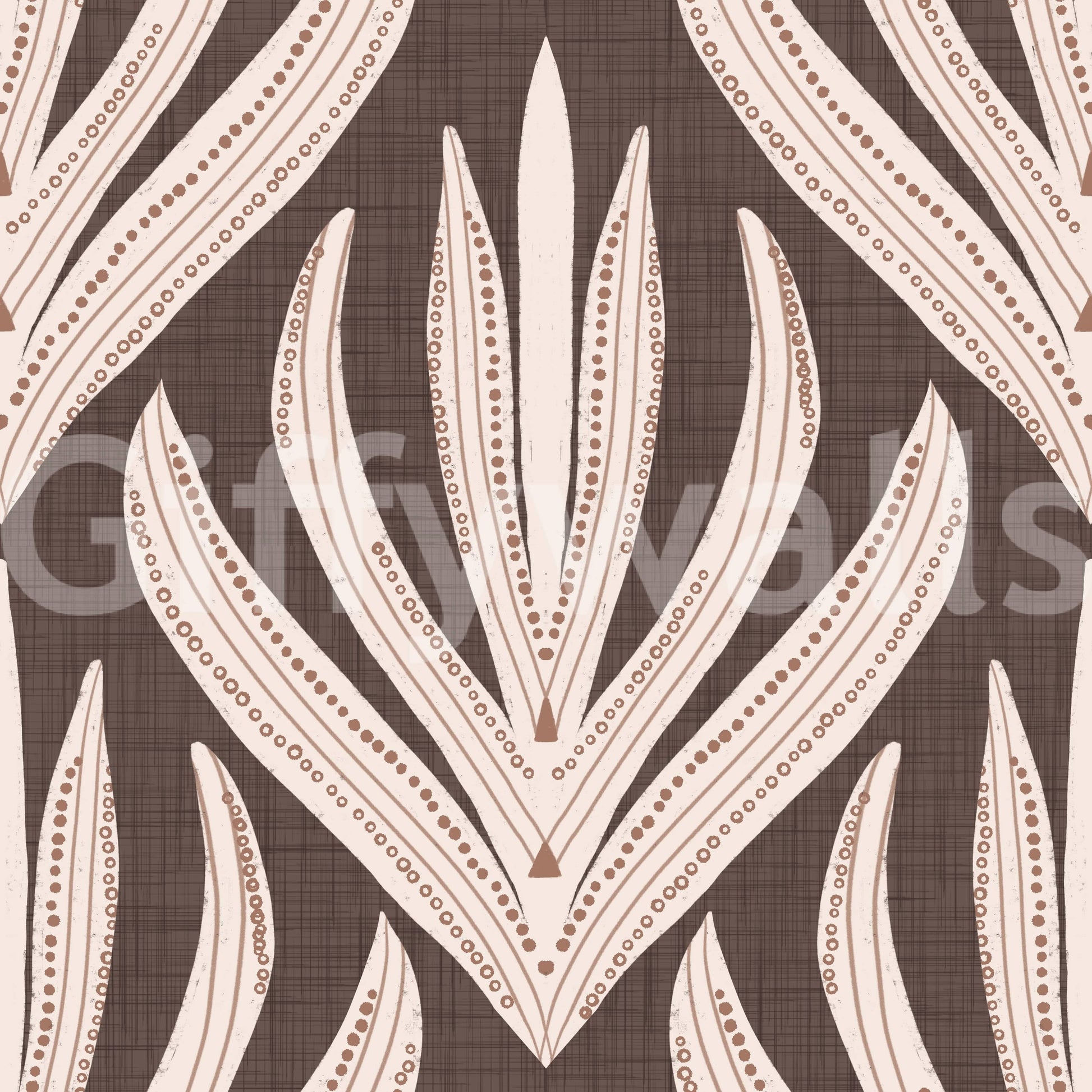 Decorative wallpaper featuring cream and terracotta leaf illustrations on a natural brown background.
