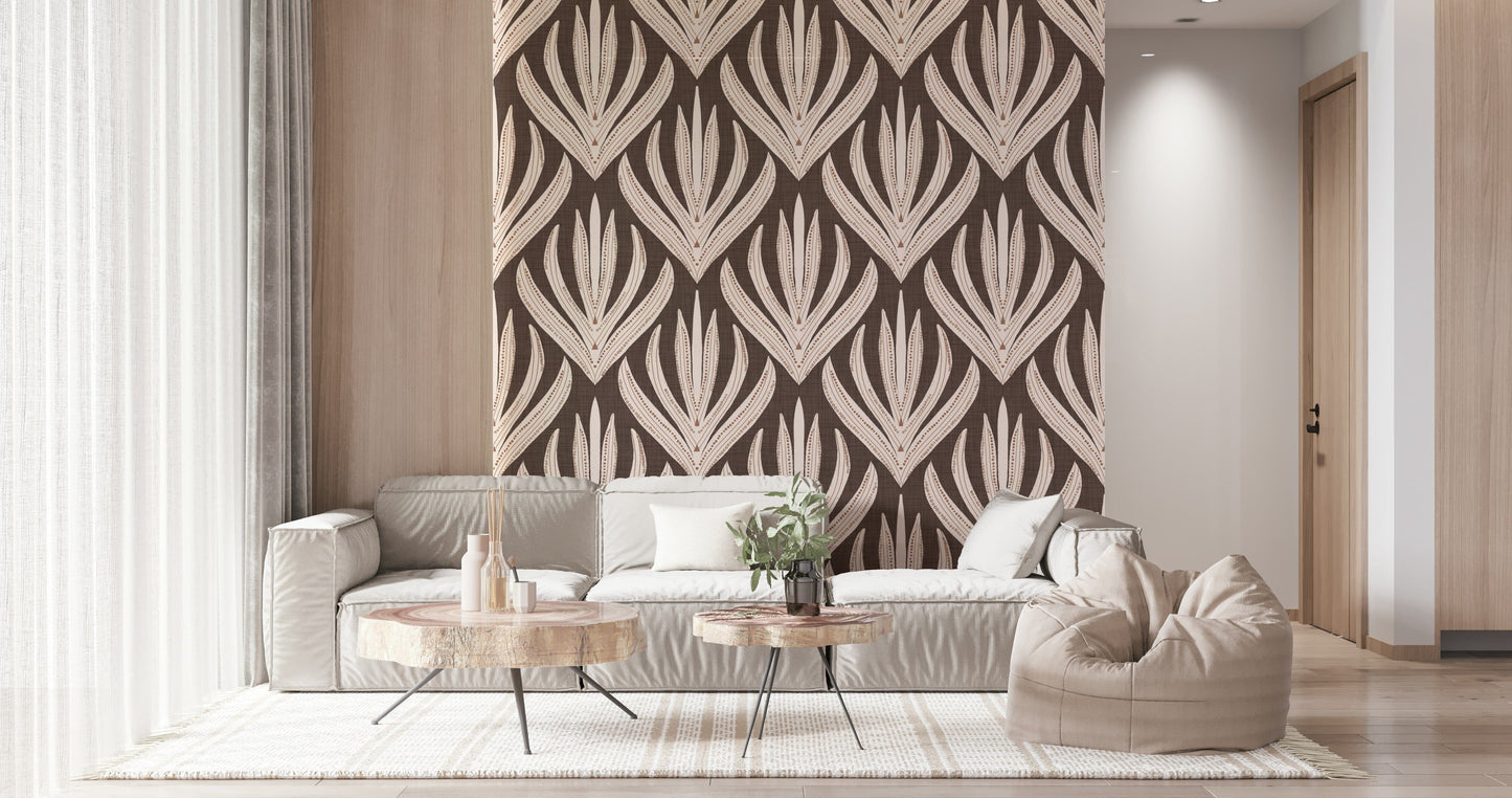 Warm-toned wallpaper mural showcasing boho leaf motifs arranged in structured symmetry.