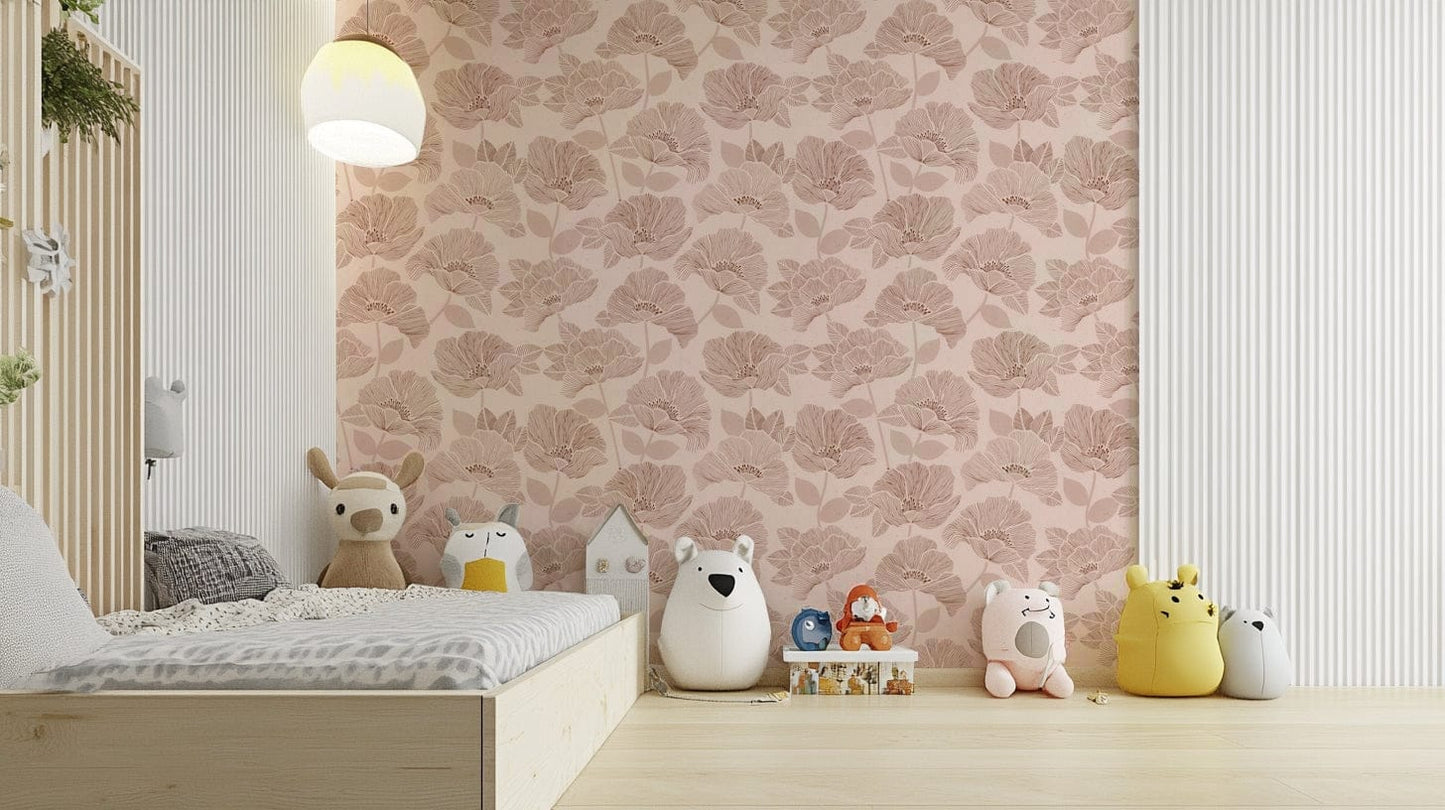 The wallpaper features stylized flowers and leaves.

