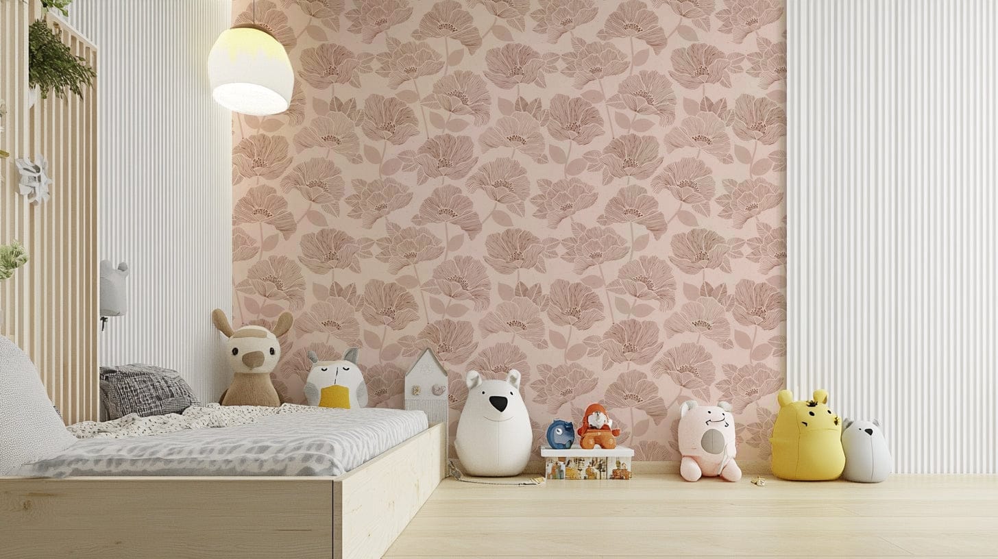 The wallpaper features stylized flowers and leaves.

