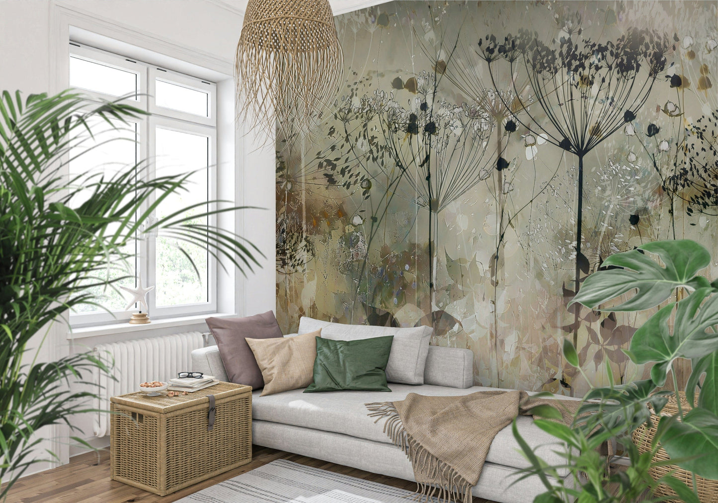 A graceful subtle flower wall mural in soft, elegant tones.

