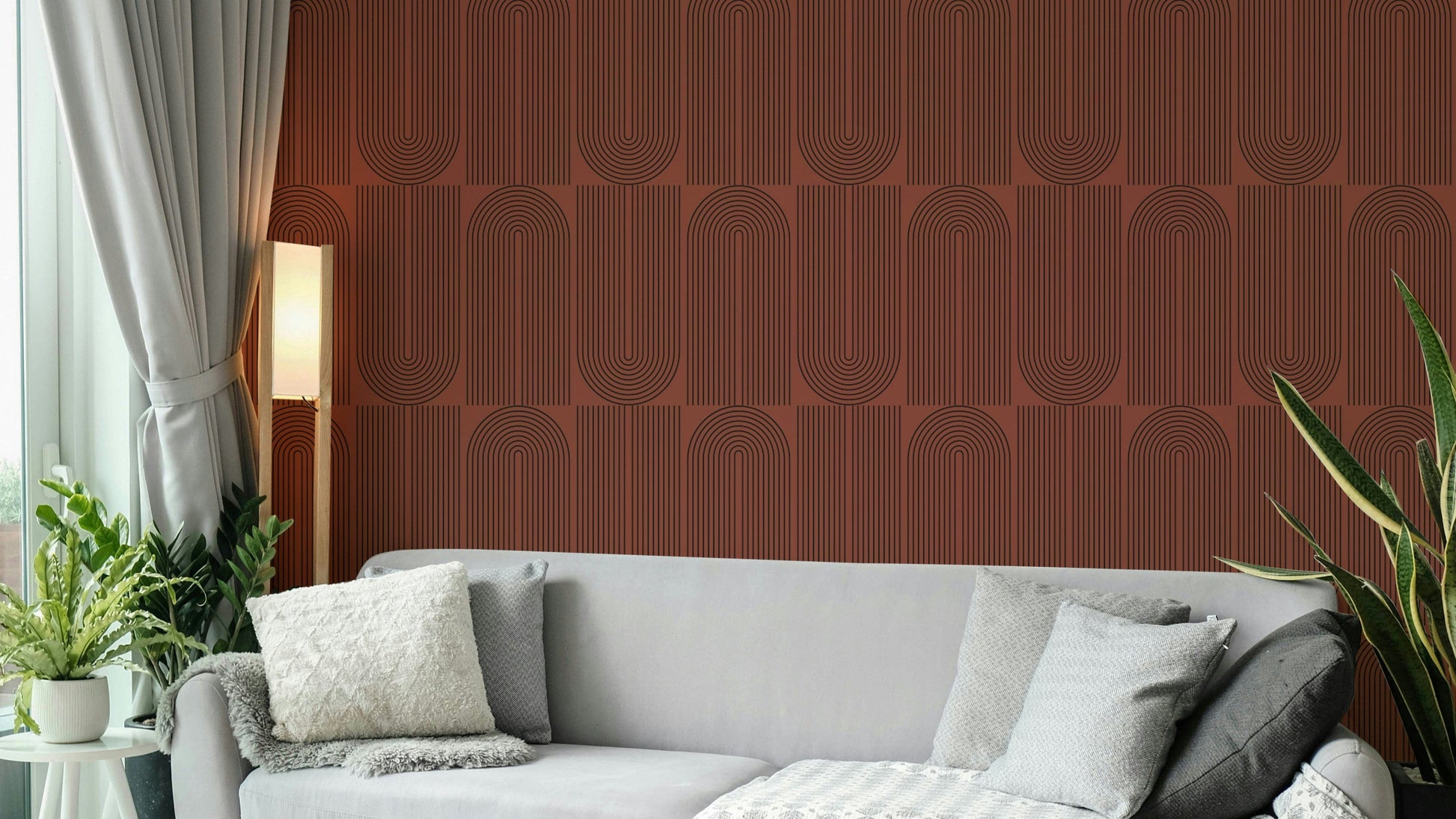 Mocha concentric arch pattern wallpaper design.

