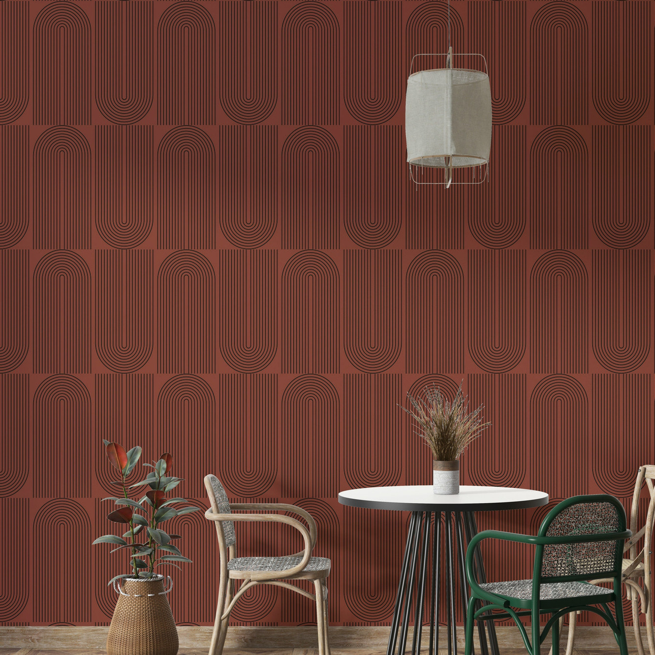 Terracotta background with black linear arc wallpaper.
