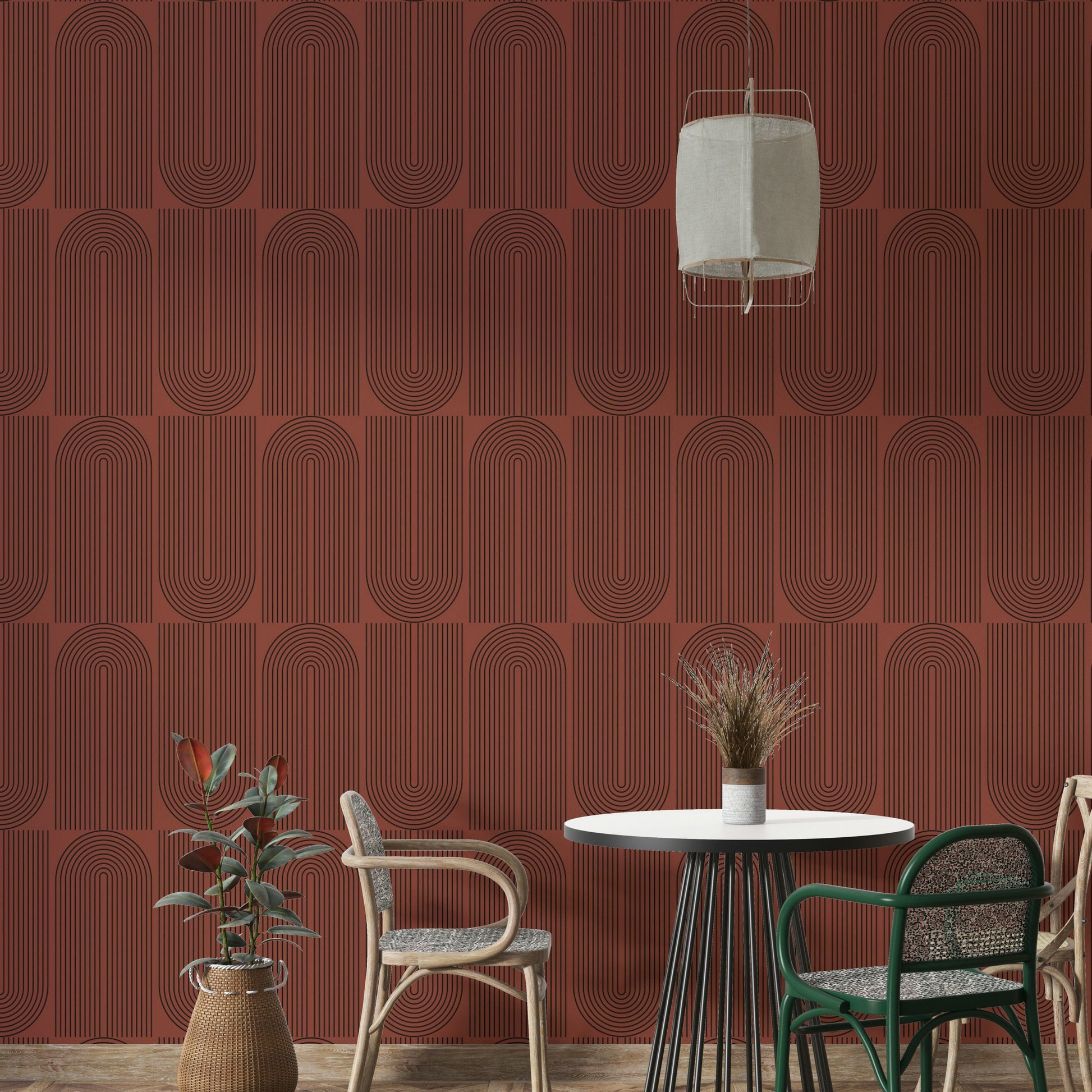 Terracotta background with black linear arc wallpaper.
