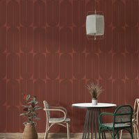 Terracotta background with black linear arc wallpaper.
