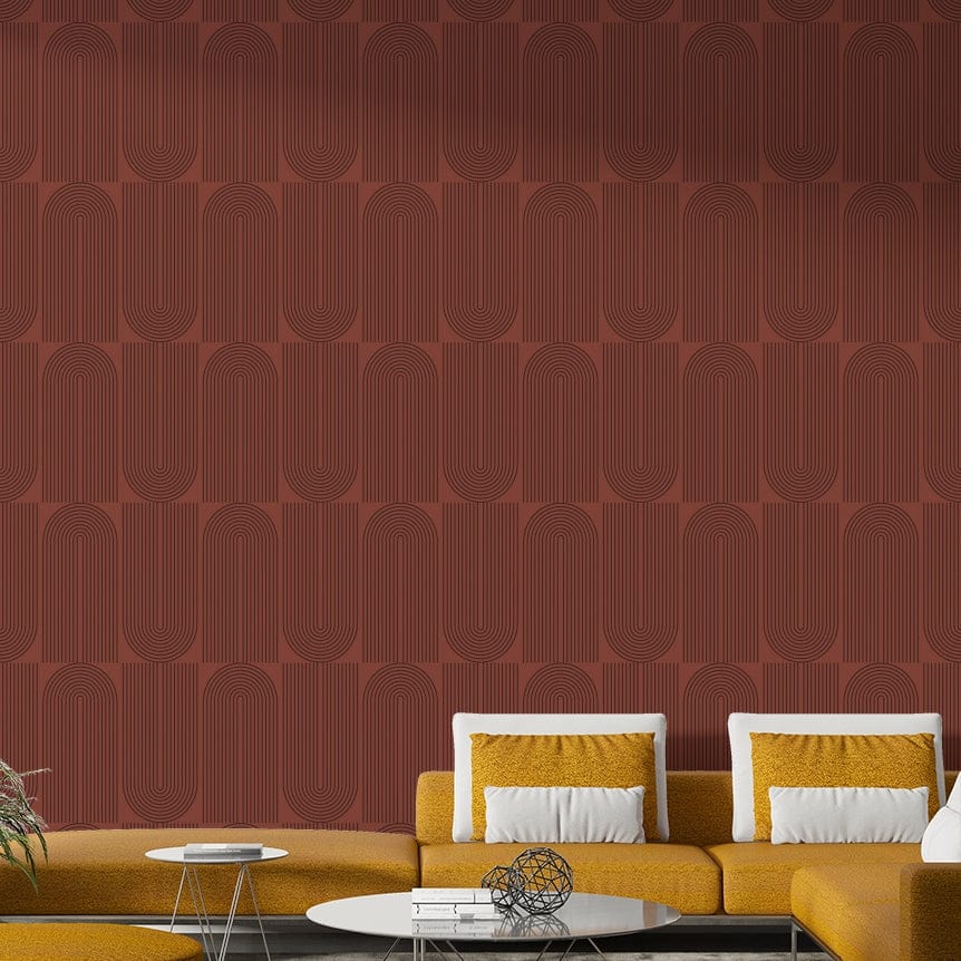 Elegant umber backdrop with architectural wallpaper.
