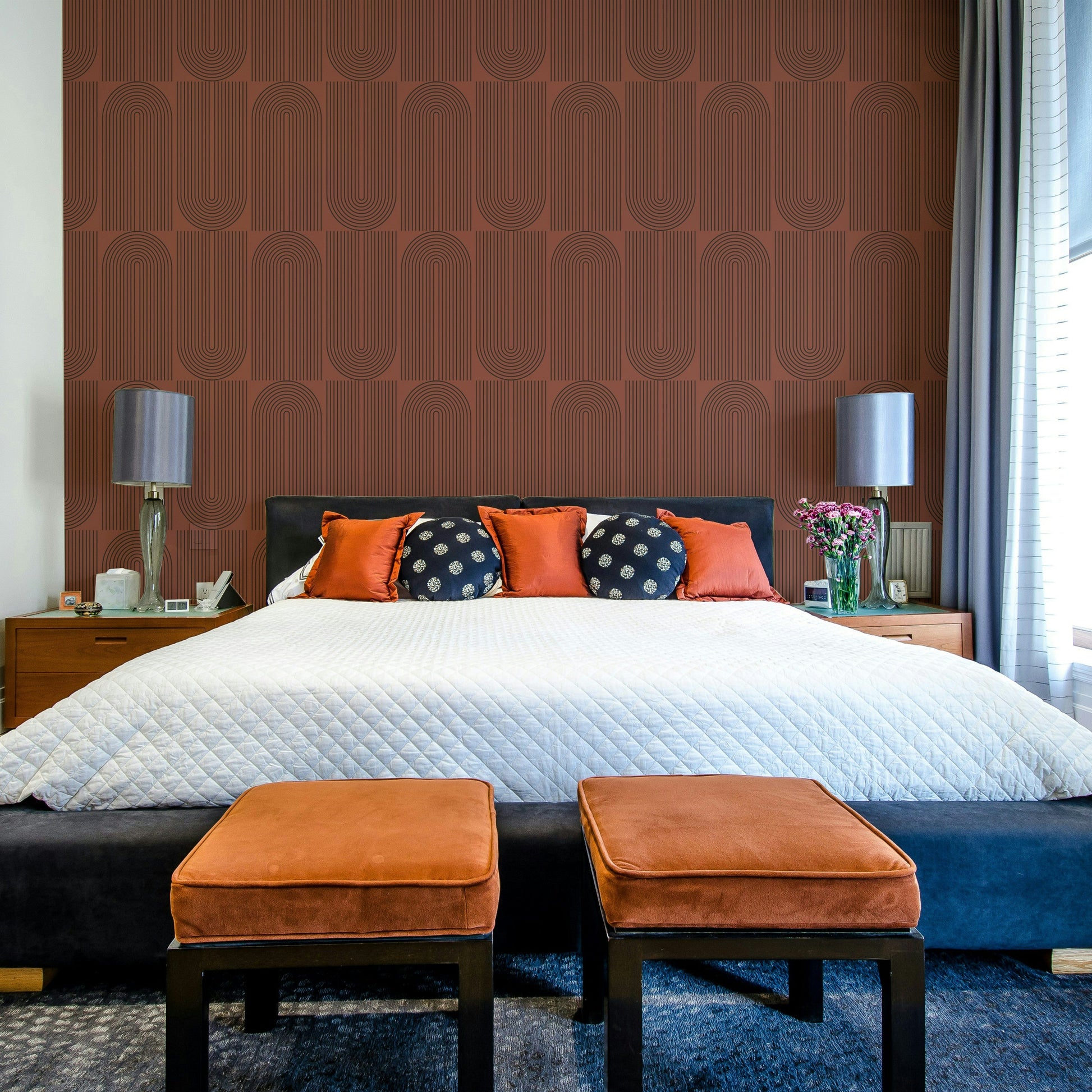 Symmetric walnut rounded graphic element wallpaper.
