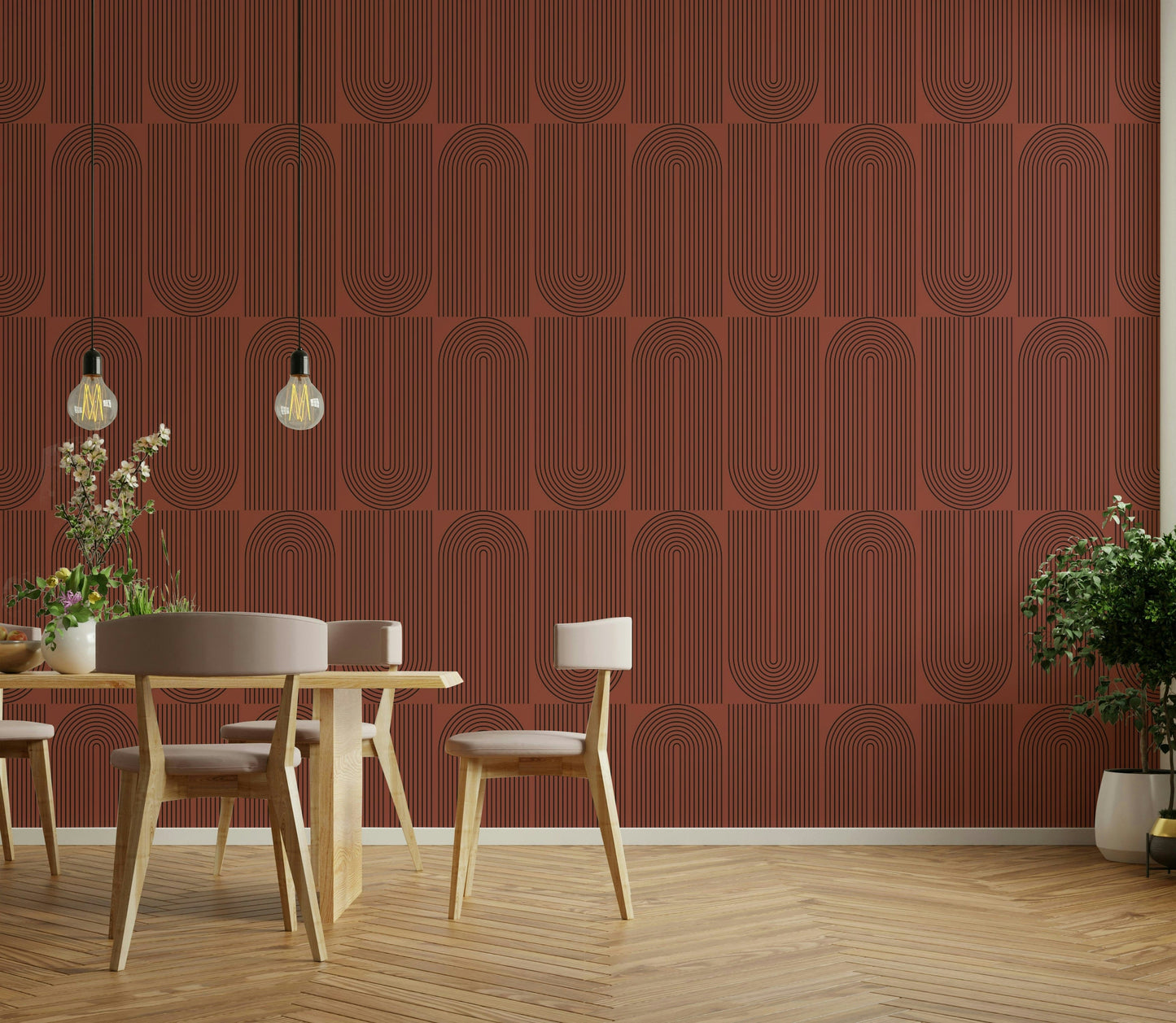 Espresso colored linear geometric pattern wallpaper.
