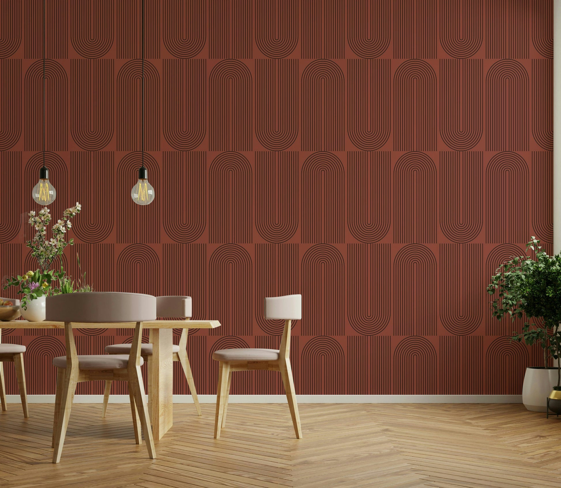 Espresso colored linear geometric pattern wallpaper.
